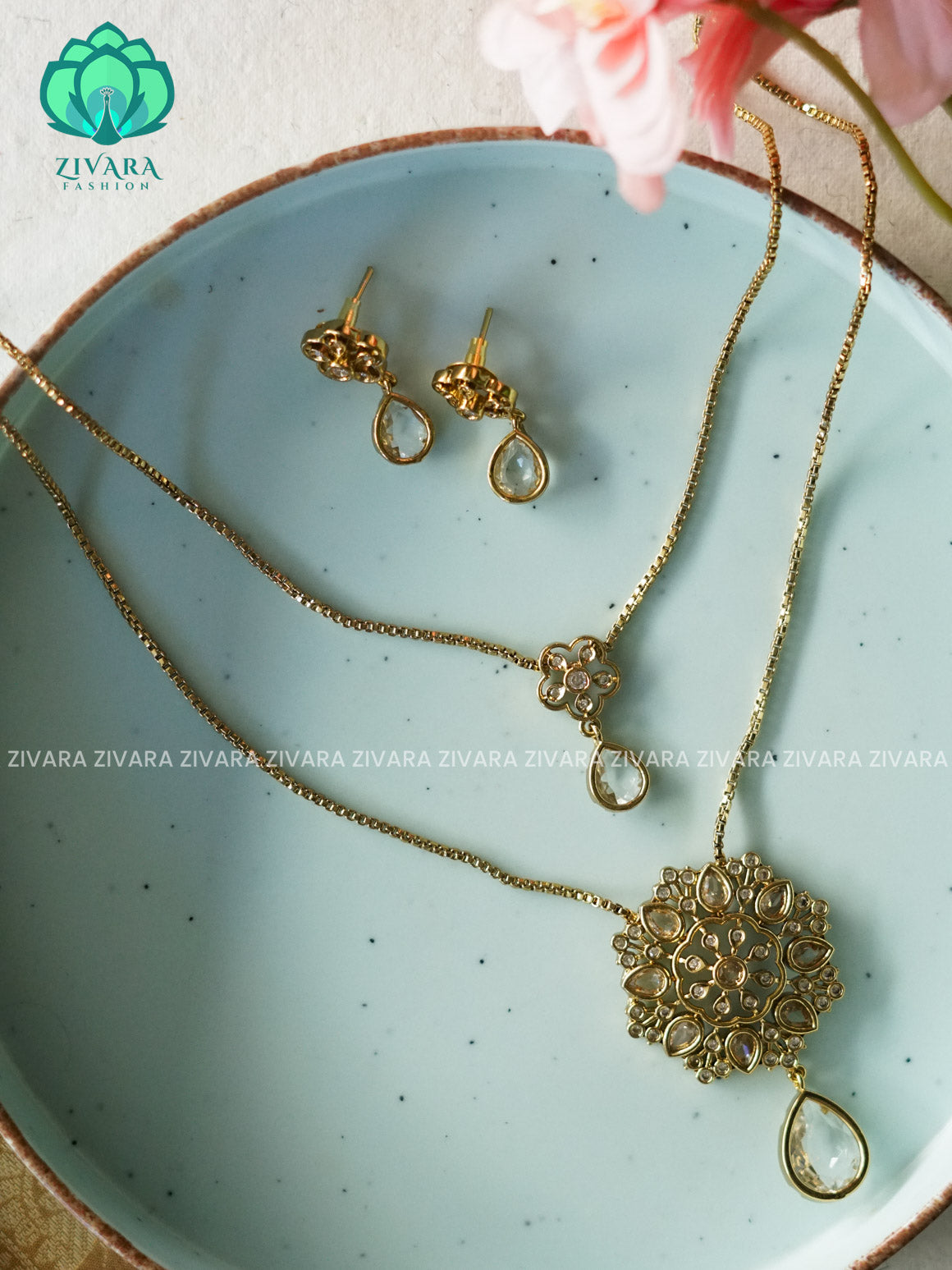 WHITE - DOUBLE LAYER flower  THIN PARROT CHAIN  -Traditional south indian premium neckwear with earrings- Zivara Fashion- latest jewellery design.