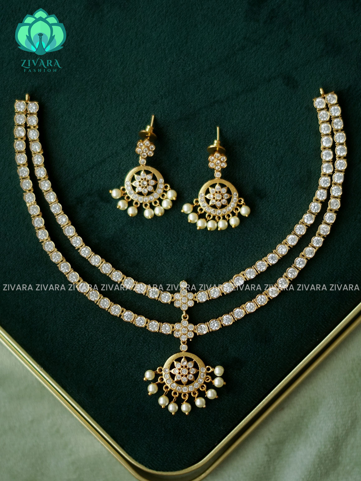 EVERGREEN STEP MATTE FINISH WHITE  stone attigai-Traditional south indian premium neckwear with earrings- Zivara Fashion- latest jewellery design.