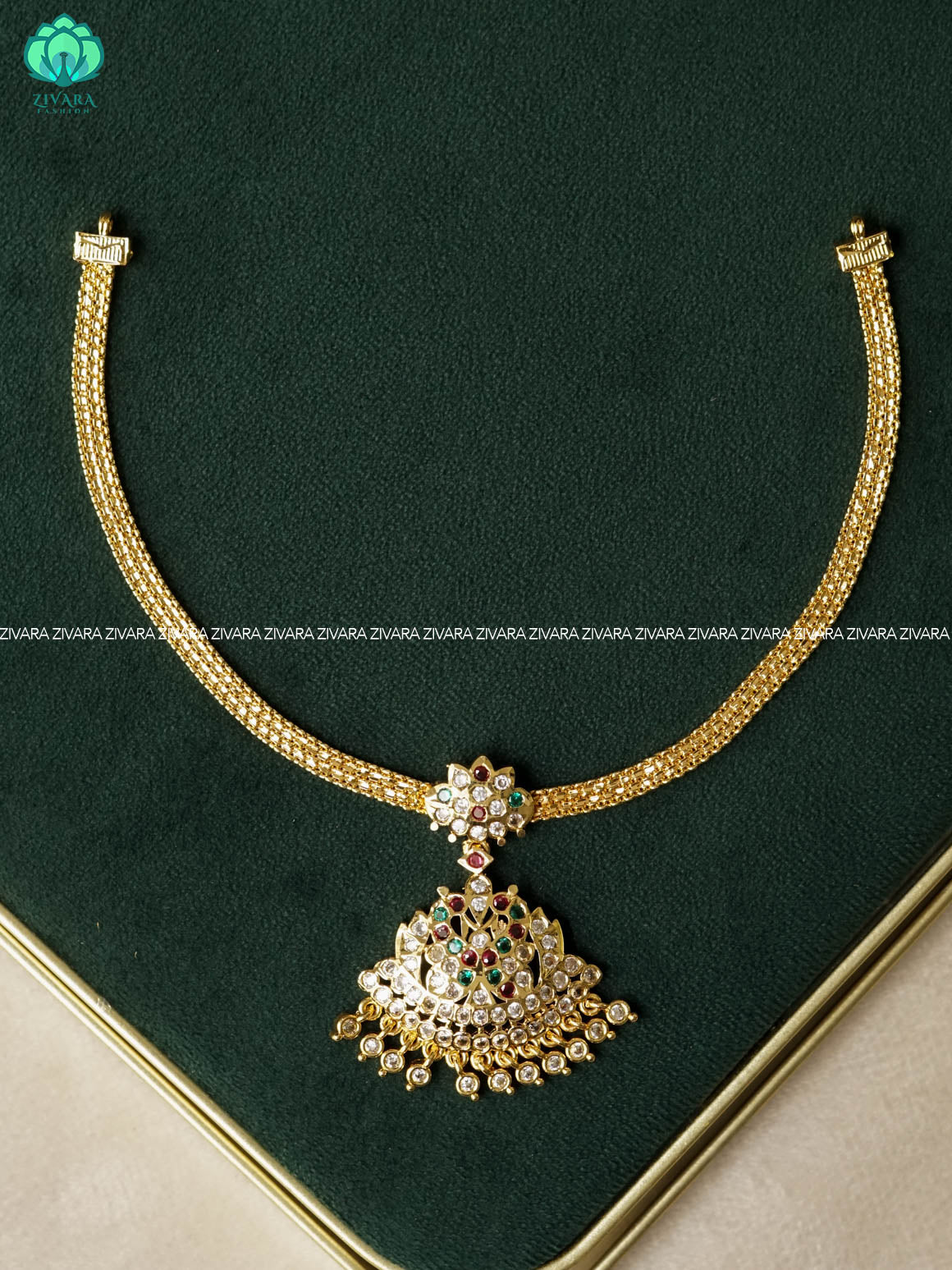 AMBIGAI- PEACOCK  RUBY AND GREEN STONE  MICROGOLD POLISH ATTIGAI - Zivara Fashion- latest jewellery design