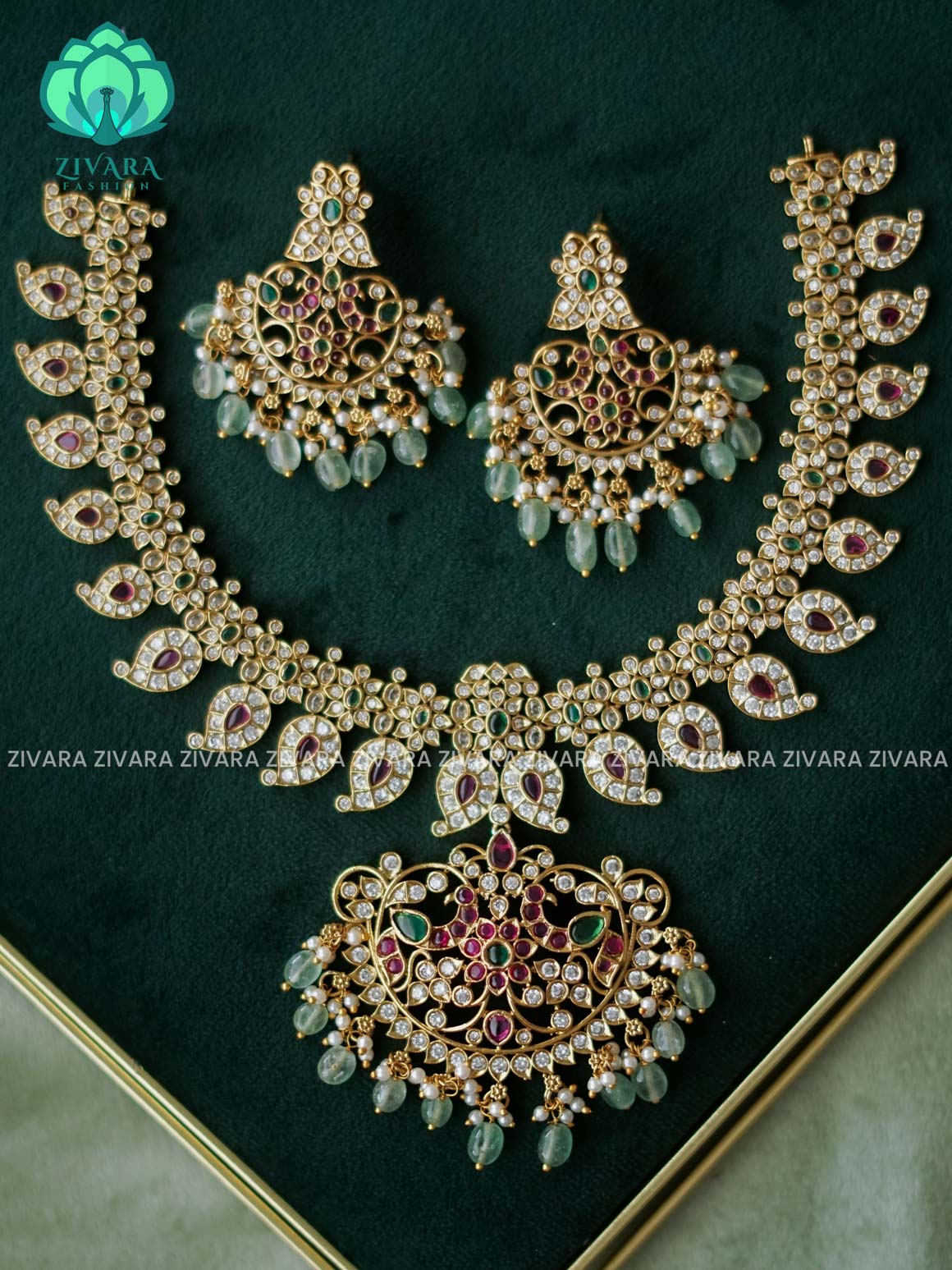 AKSHAYAM - PASTEL GREEN BEADS MANGO STONE Traditional south indian premium neckwear with earrings- Zivara Fashion- latest jewellery desigN