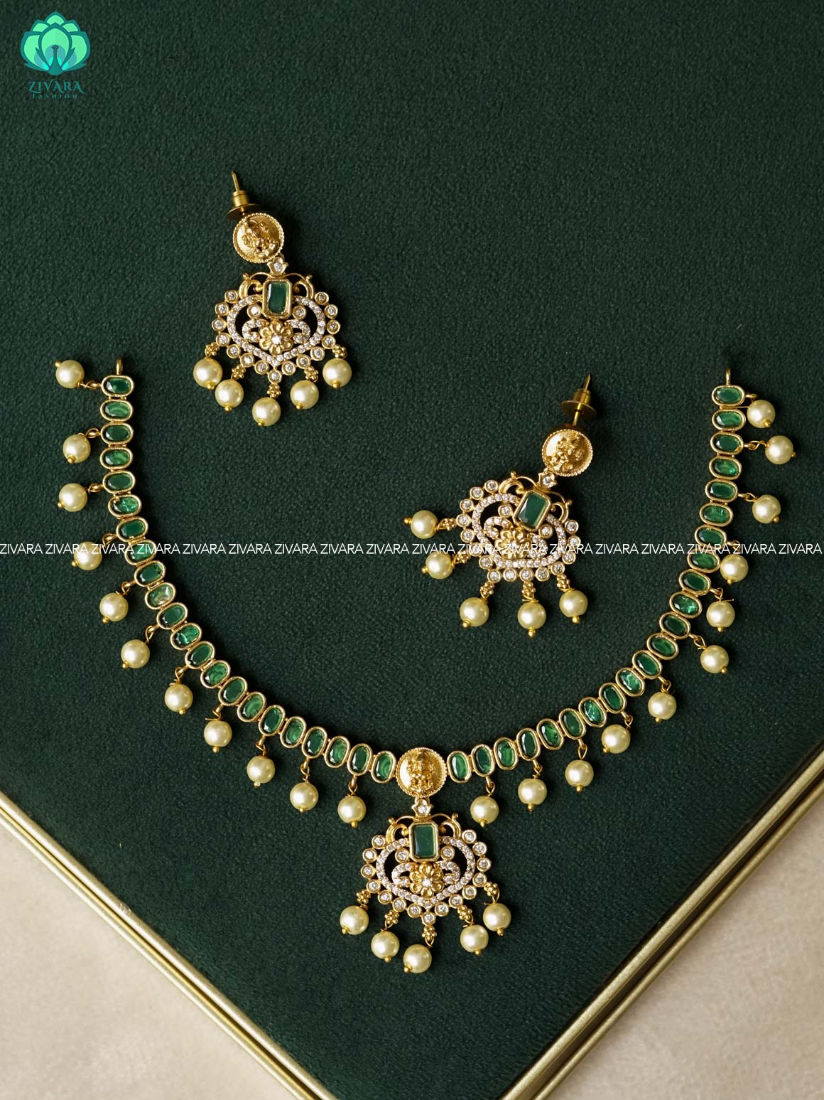 GREEN STONE TEMPLE  NECKWEAR  -Traditional south indian premium neckwear with earrings- Zivara Fashion- latest jewellery design