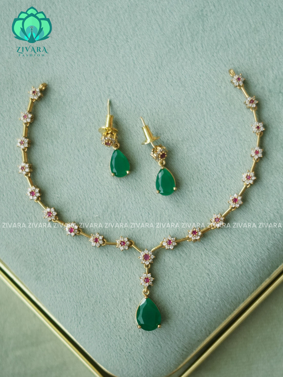 Kanya - GREEN TEAR  DIAMOND REPLICA NECKWEAR -  stylish and minimal elegant neckwear with earrings- Zivara Fashion