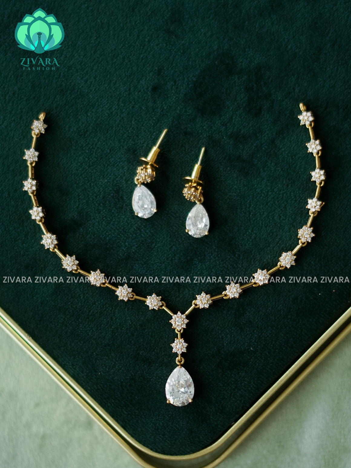 Kanya - WHITE TEAR  DIAMOND REPLICA NECKWEAR -  stylish and minimal elegant neckwear with earrings- Zivara Fashion