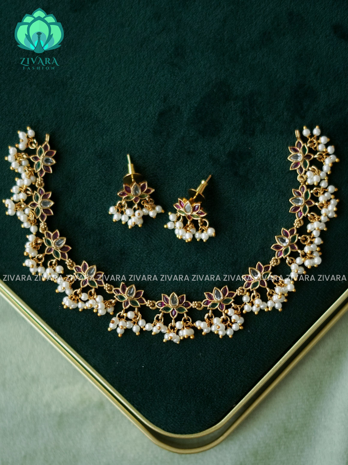 RUBY GREEN AND WHITE STONE LOTUS - Traditional south indian premium neckwear with earrings- Zivara Fashion- latest jewellery design