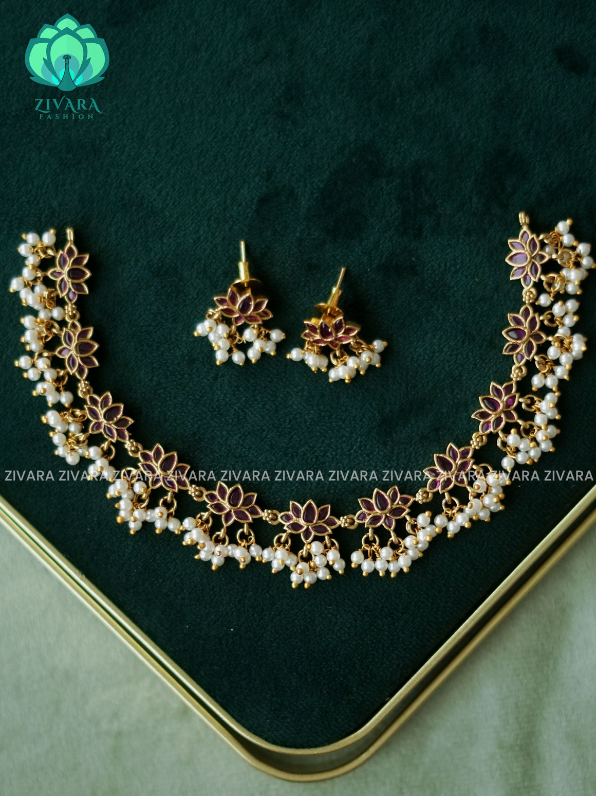 RUBY STONE LOTUS - Traditional south indian premium neckwear with earrings- Zivara Fashion- latest jewellery design