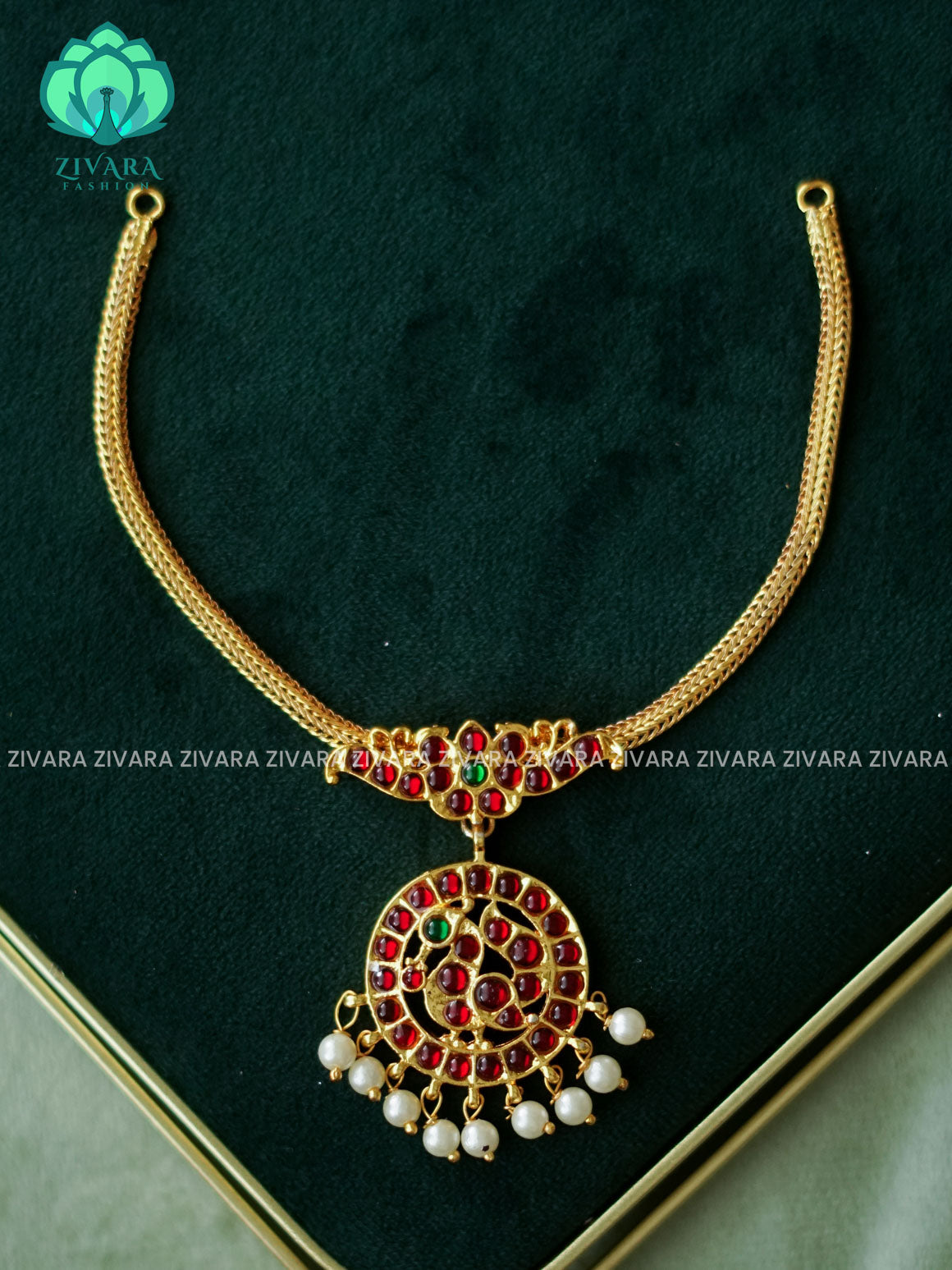RED AND GREEN PEACOCK - INIYA - Simple kemp attigai neckwear - latest kemp dance jewellery collection