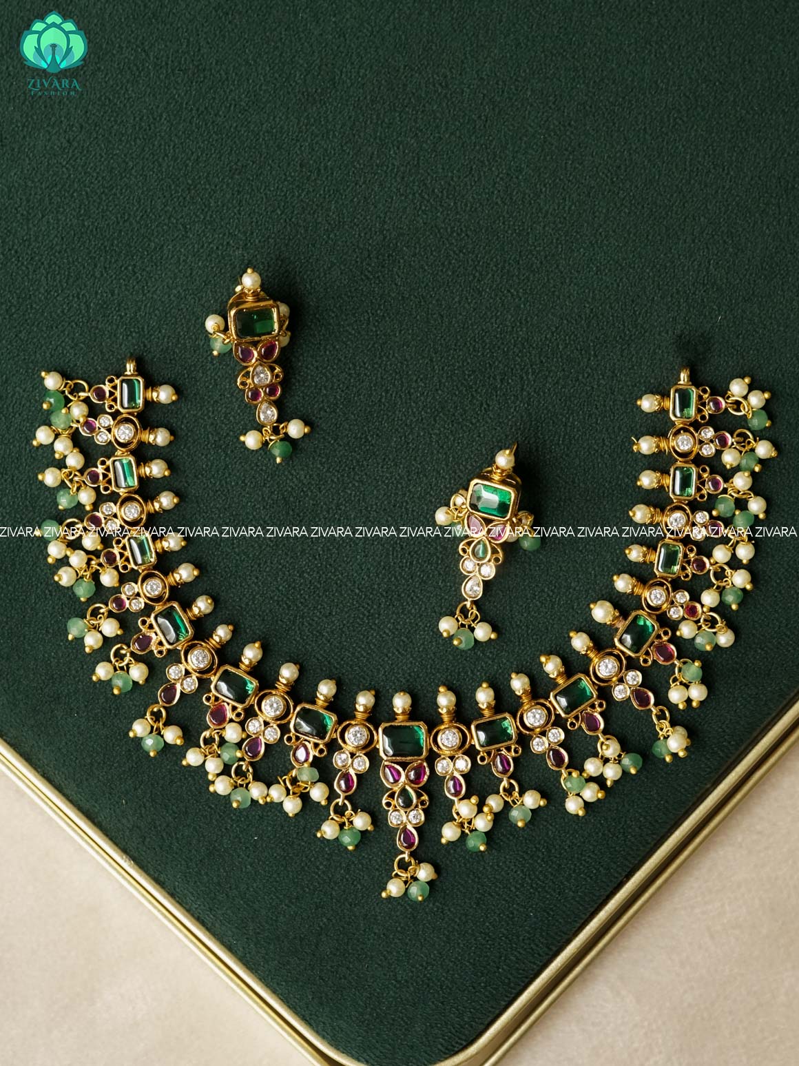 AKSHAYAM -  REAL KEMP MOTIF neckwear with beads hangings with earrings - Zivara Fashion
