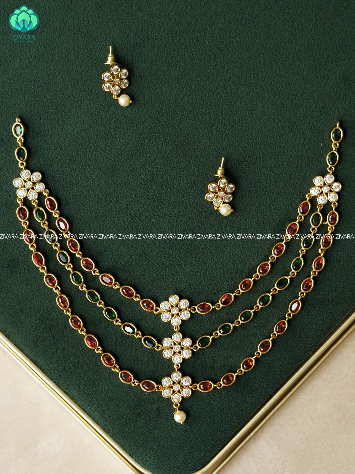RUBY GREEN  STEP FLORAL - stylish and minimal elegant neckwear with earrings- Zivara Fashion