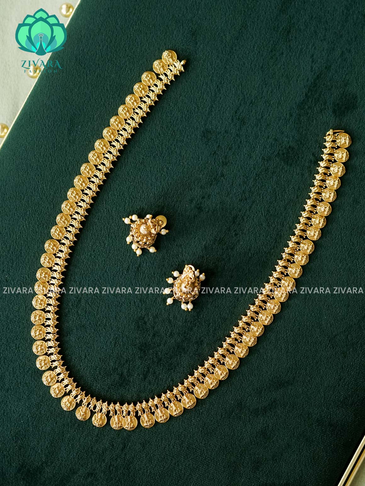 NO STONE COIN- Traditional premium gold polish long haaram/neckwear with earrings- Zivara Fashion