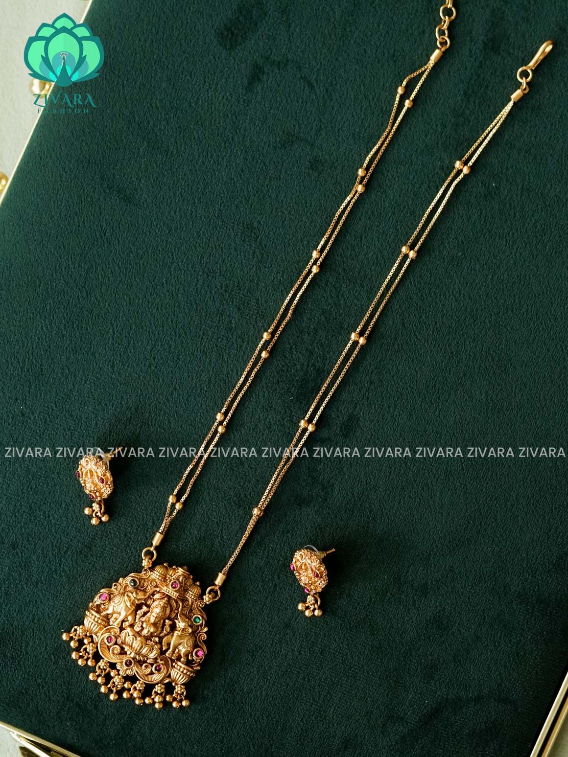 VISHALI GOLD BALL AND TEMPLE PENDANT BALL CHAIN - Traditional NORMAL MATTE polish MIDCHEST haaram/neckwear with earrings- Zivara Fashion
