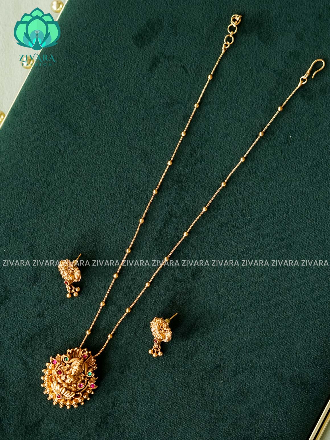 VISHALI GREEN BEADS AND TEMPLE PENDANT BALL CHAIN - Traditional NORMAL MATTE polish MIDCHEST haaram/neckwear with earrings- Zivara Fashion