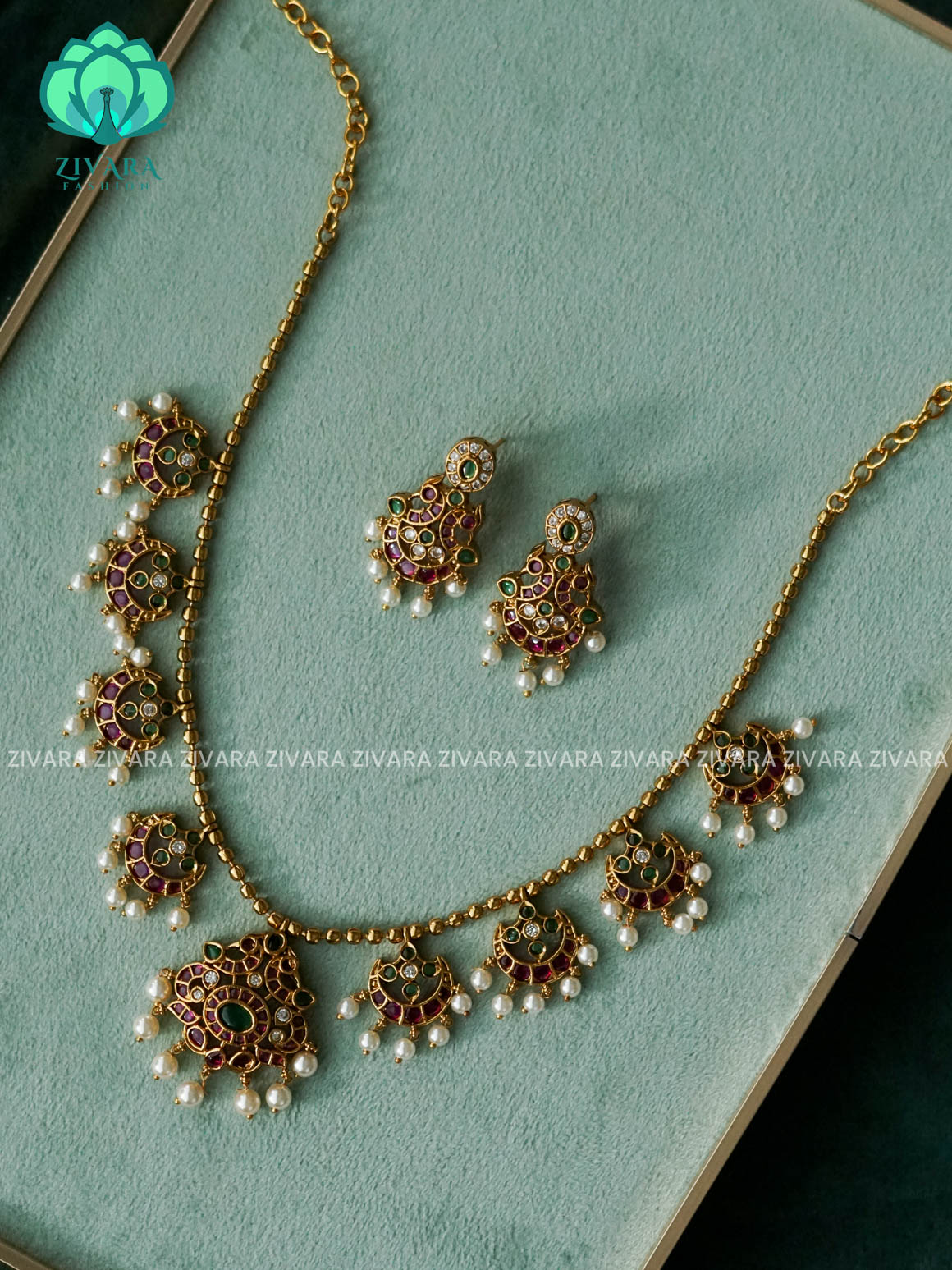 RUBY GREEN BEADS  NECKWEAR  - Traditional PREMIUM MATTE polish MIDCHEST haaram/neckwear with earrings- Zivara Fashion
