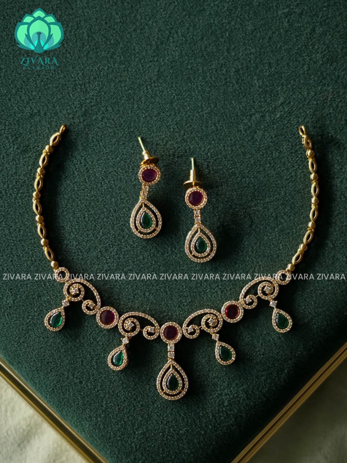 RUBY GREEN TEAR  - stylish and minimal elegant neckwear with earrings- Zivara Fashion