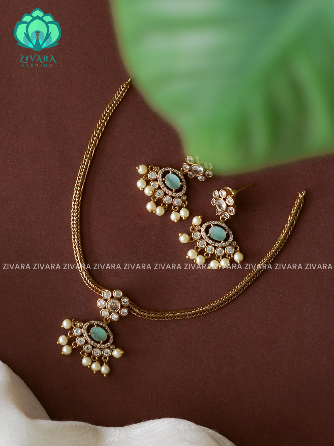 PASTEL GREEN KIDS FRIENDLY GREEN PENDANT WITH FLEXIBLE CHAIN   -  Traditional south indian premium neckwear with earrings- Zivara Fashion- latest jewellery design.