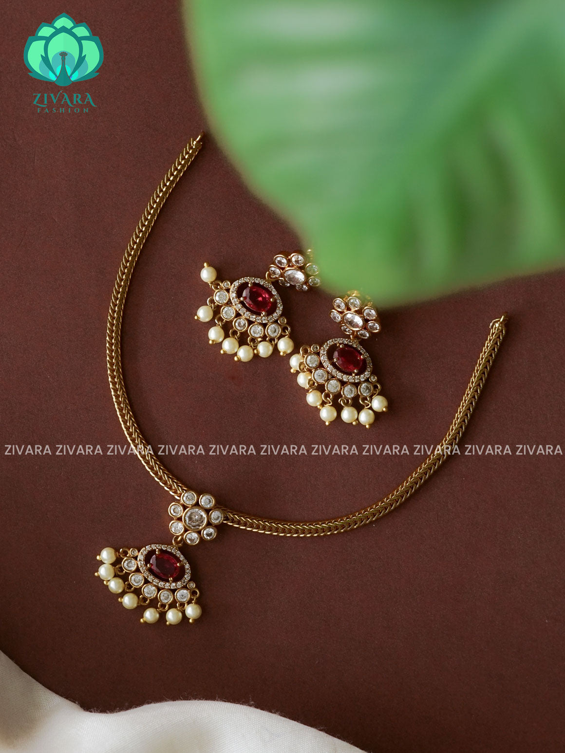 RUBY KIDS FRIENDLY GREEN PENDANT WITH FLEXIBLE CHAIN   -  Traditional south indian premium neckwear with earrings- Zivara Fashion- latest jewellery design