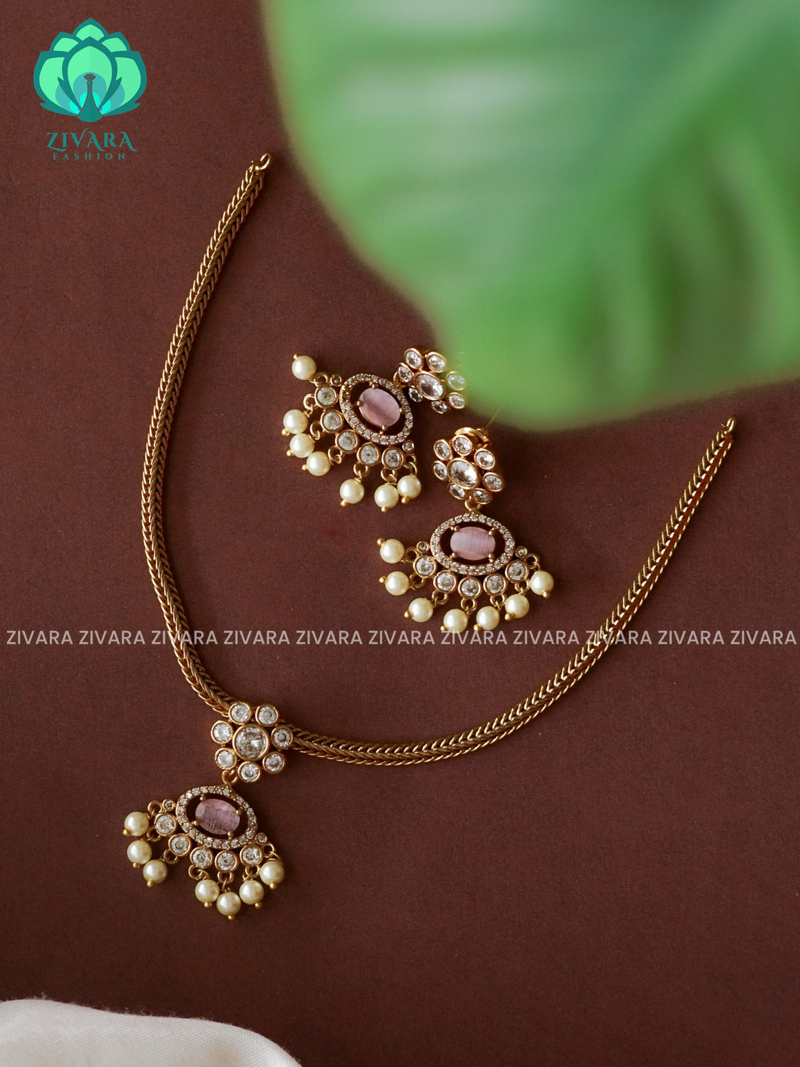 PASTEL PINK KIDS FRIENDLY GREEN PENDANT WITH FLEXIBLE CHAIN   -  Traditional south indian premium neckwear with earrings- Zivara Fashion- latest jewellery design