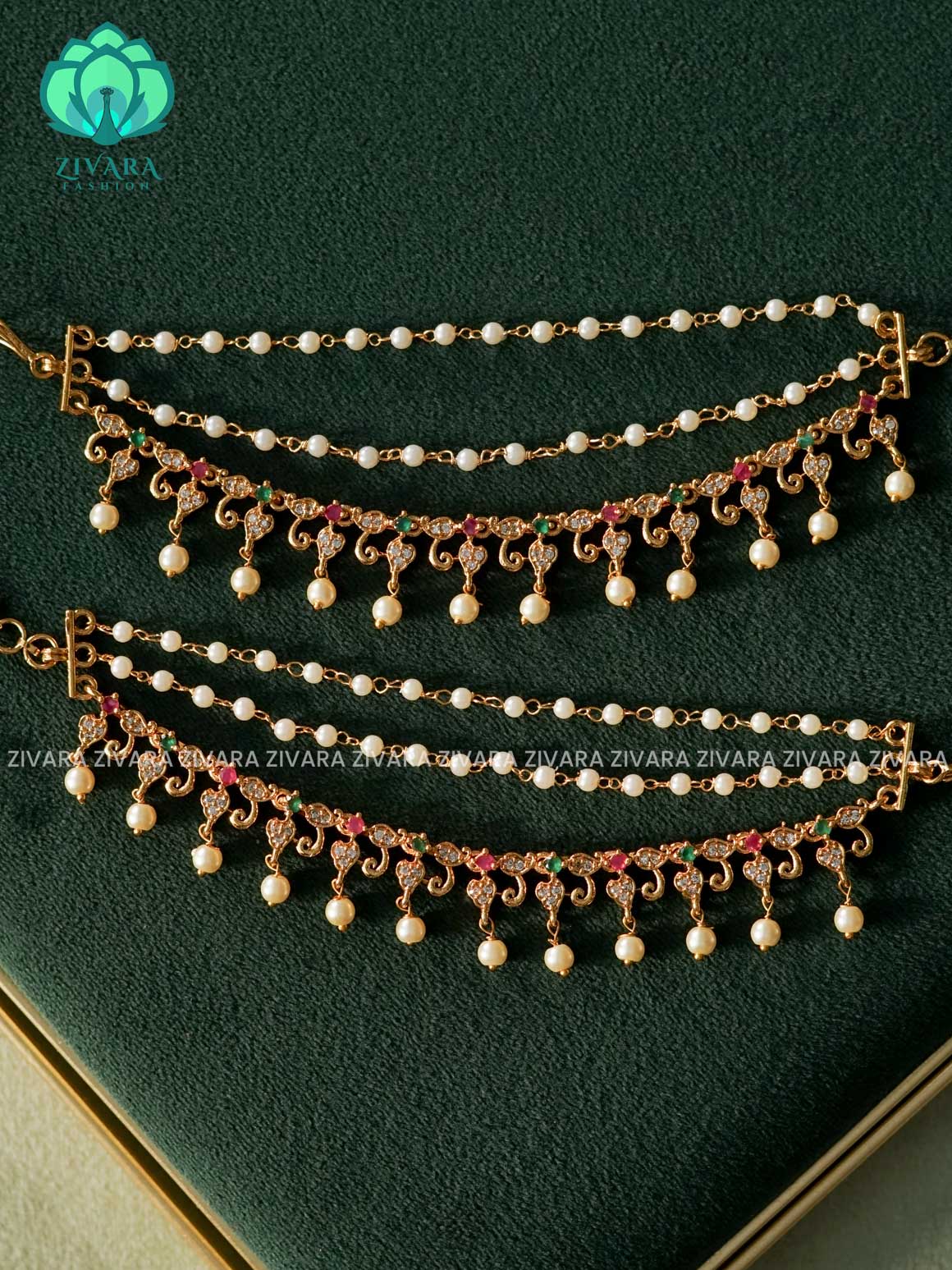 3 layer  GOLD FINISH RUBY GREEN STONE earchains/maatals- bridal accessory- zivara fashion-latest jewellery collection