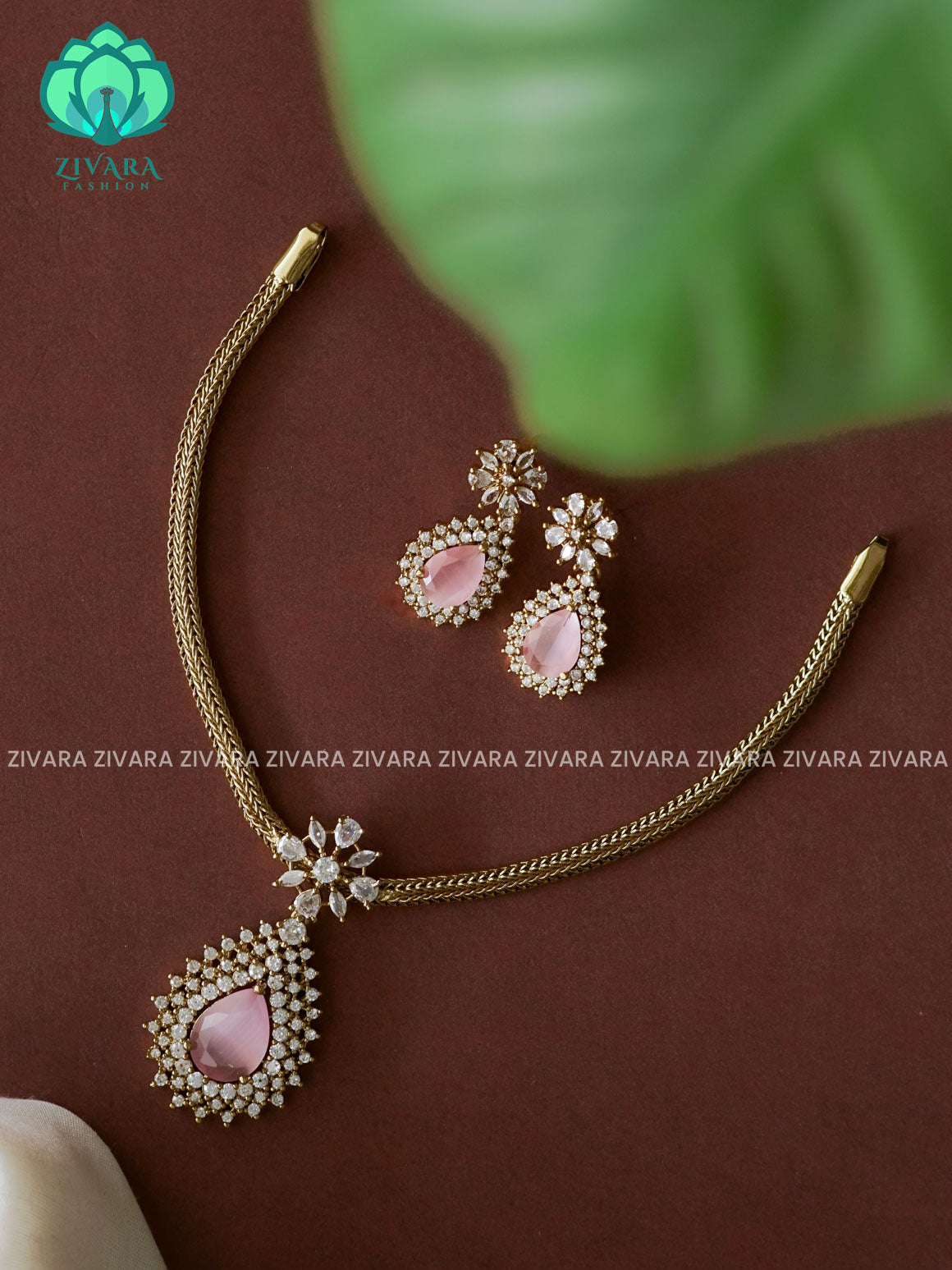 PINK  BIG TEAR PENDANT KIDS FRIENDLY GREEN PENDANT WITH FLEXIBLE CHAIN   -  Traditional south indian premium neckwear with earrings- Zivara Fashion- latest jewellery design