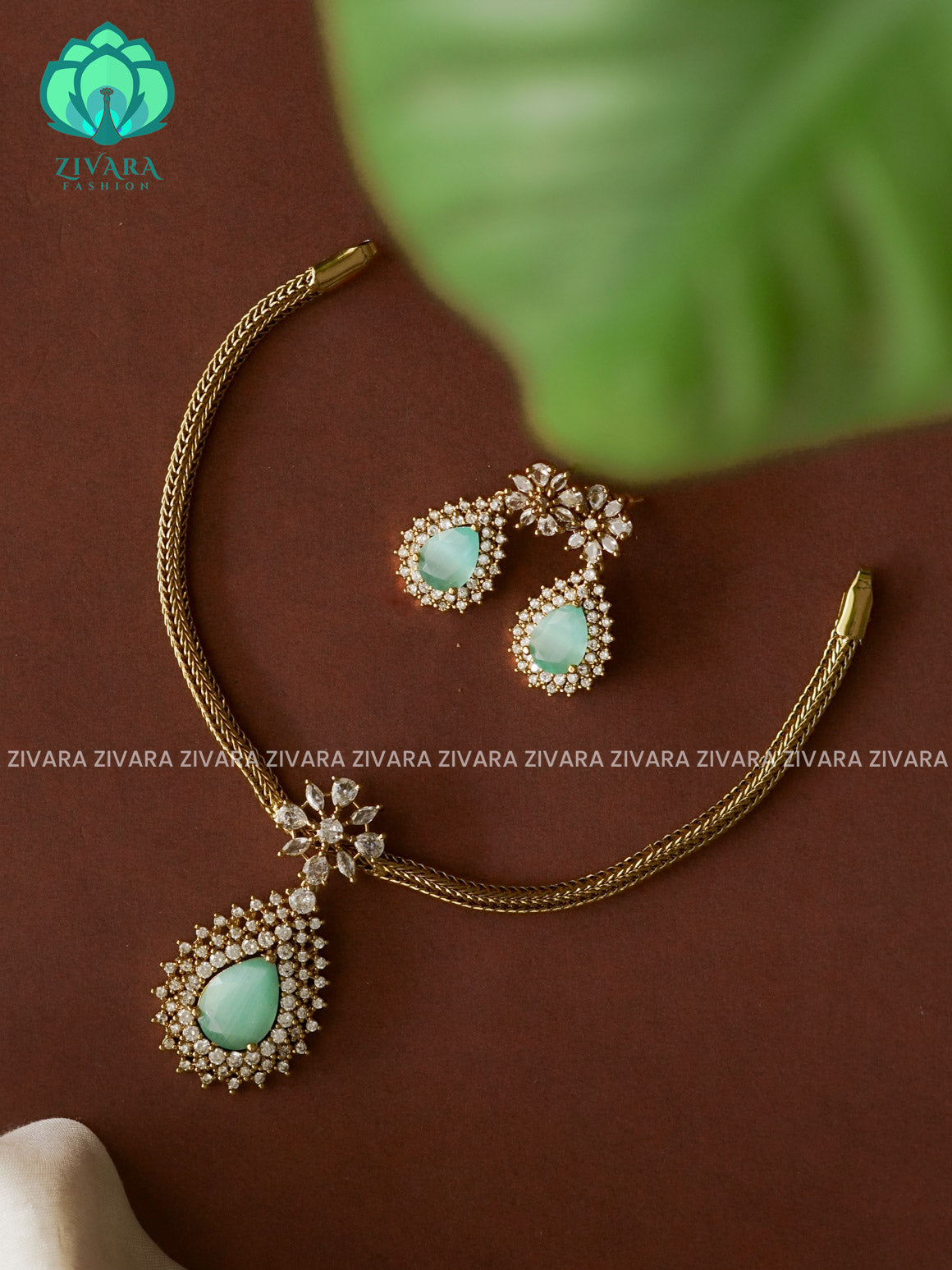 PASTEL GREEN BIG TEAR PENDANT KIDS FRIENDLY GREEN PENDANT WITH FLEXIBLE CHAIN   -  Traditional south indian premium neckwear with earrings- Zivara Fashion- latest jewellery design