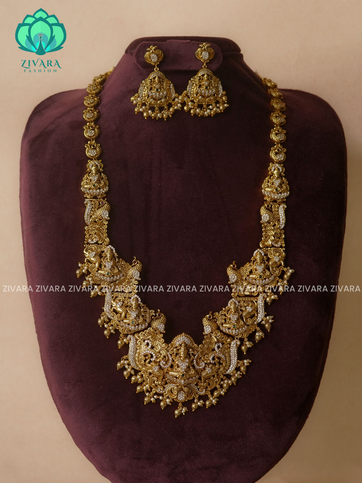 Antique premium matte polish  bridal - Traditional premium long haaram/neckwear with earrings- Zivara Fashion