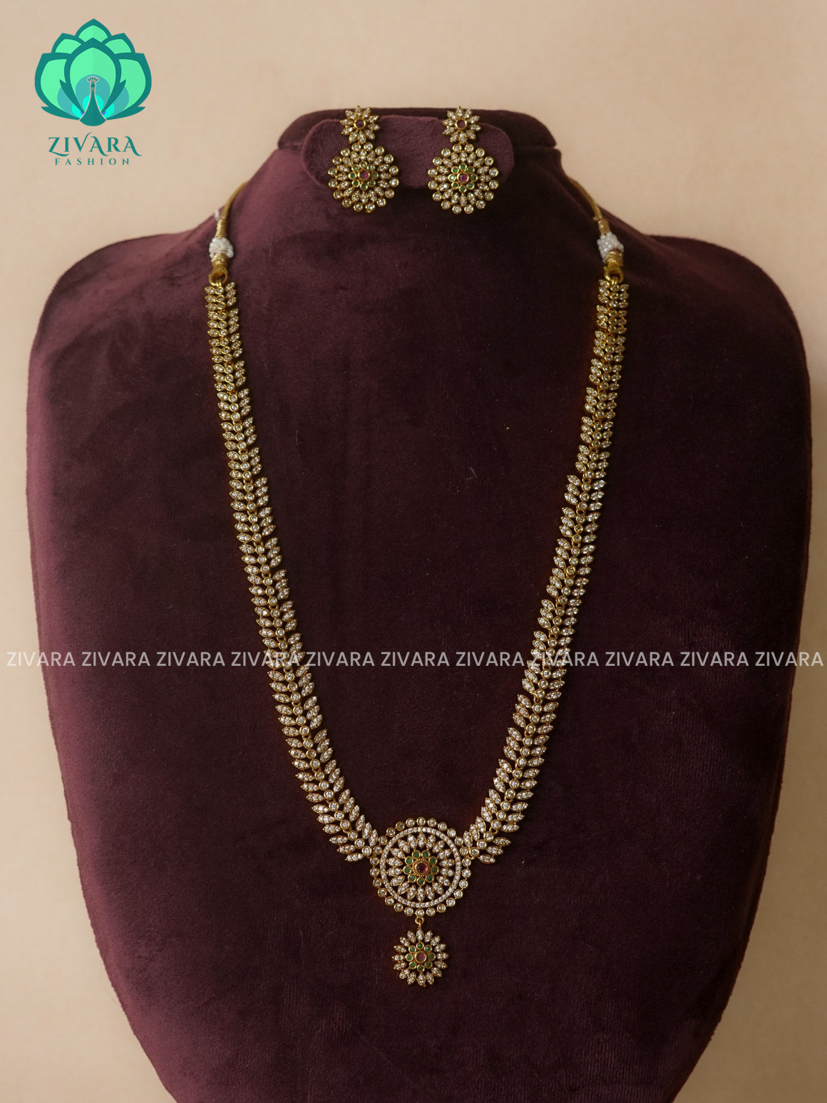 WHITE STONE - ELEGANT AND STYLISH premium gold polish long haaram/neckwear with earrings- Zivara Fashion