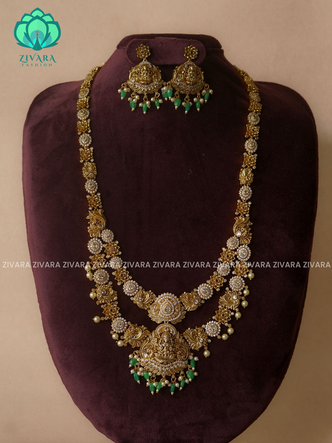 GREEN BEADS BRIDAL ANNAPAKSHI U TYPE  - Traditional PREMIUM MATTE polish MIDCHEST haaram/neckwear with earrings- Zivara Fashion