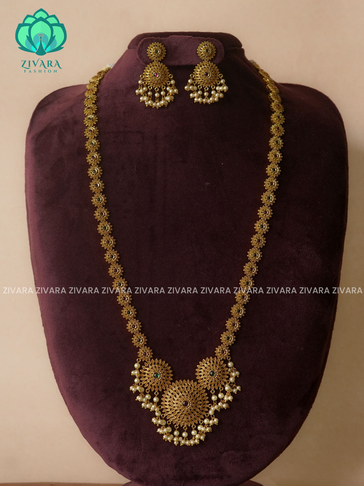 Temple stone  - Traditional PREMIUM MATTE polish MIDCHEST haaram/neckwear with earrings- Zivara Fashion