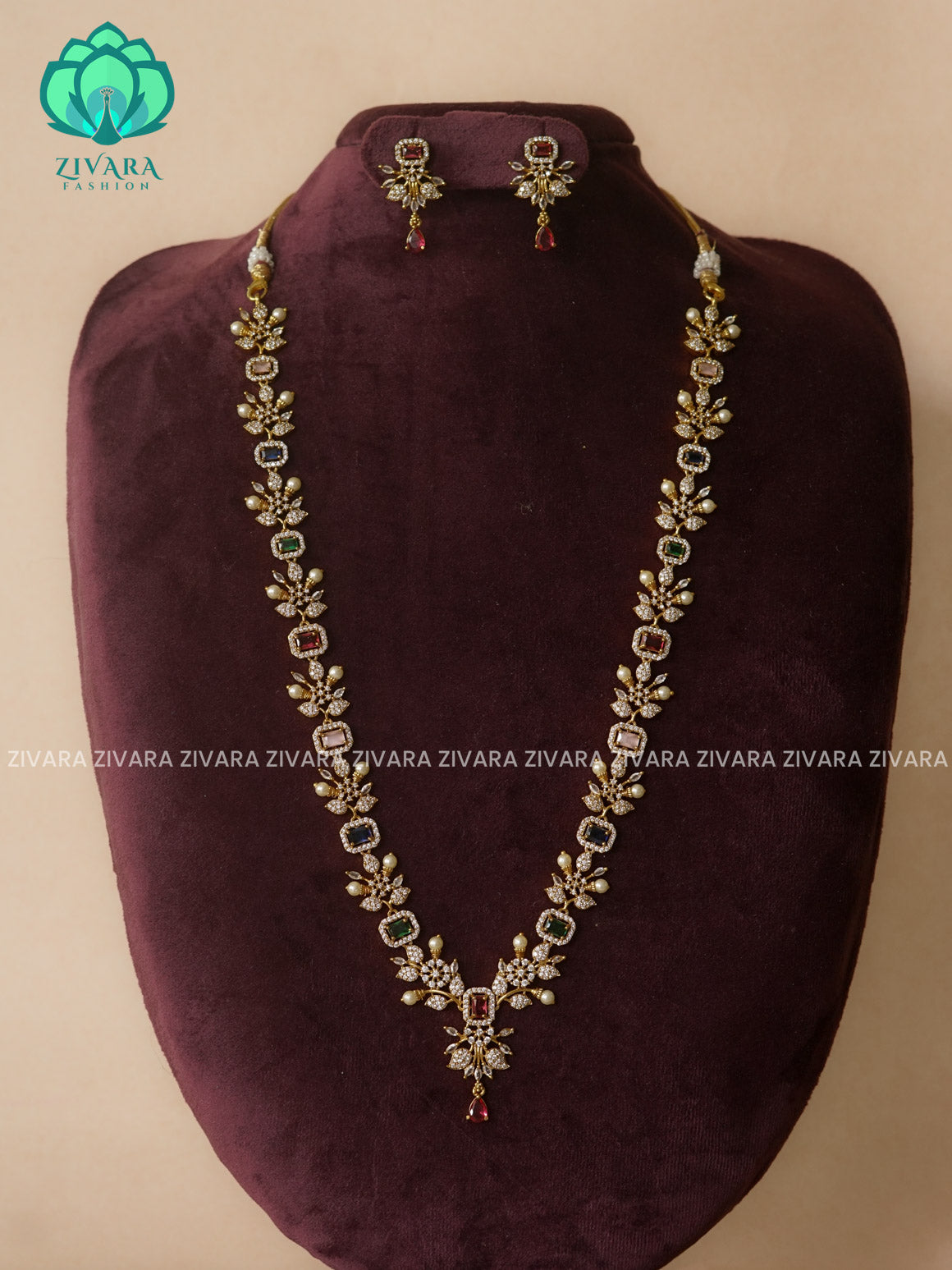 MULTICOLOUR  ELEGANT  - Traditional PREMIUM MATTE polish MIDCHEST haaram/neckwear with earrings- Zivara Fashion