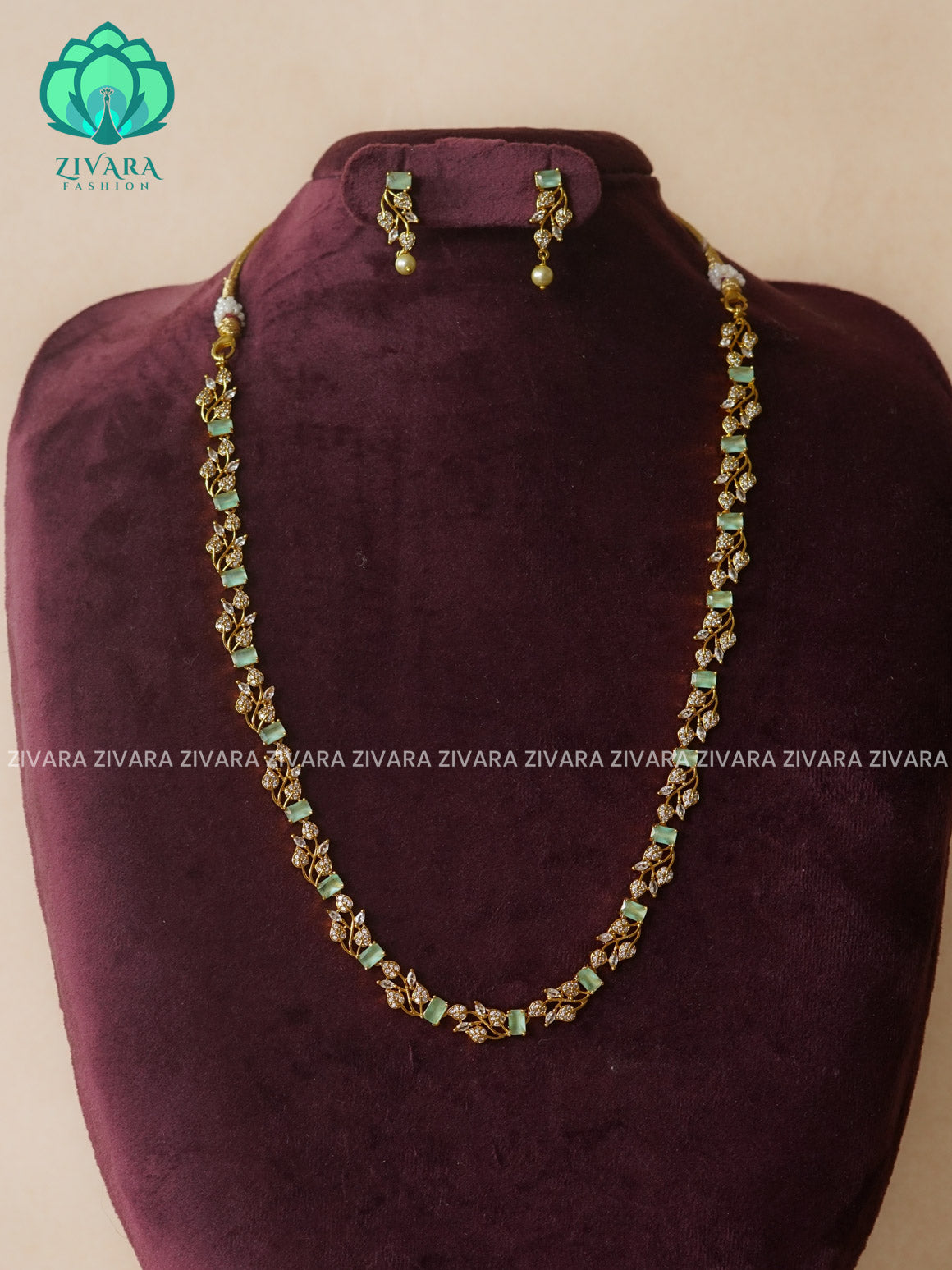 PASTEL GREEN  ELEGANT  - Traditional PREMIUM MATTE polish MIDCHEST haaram/neckwear with earrings- Zivara Fashion