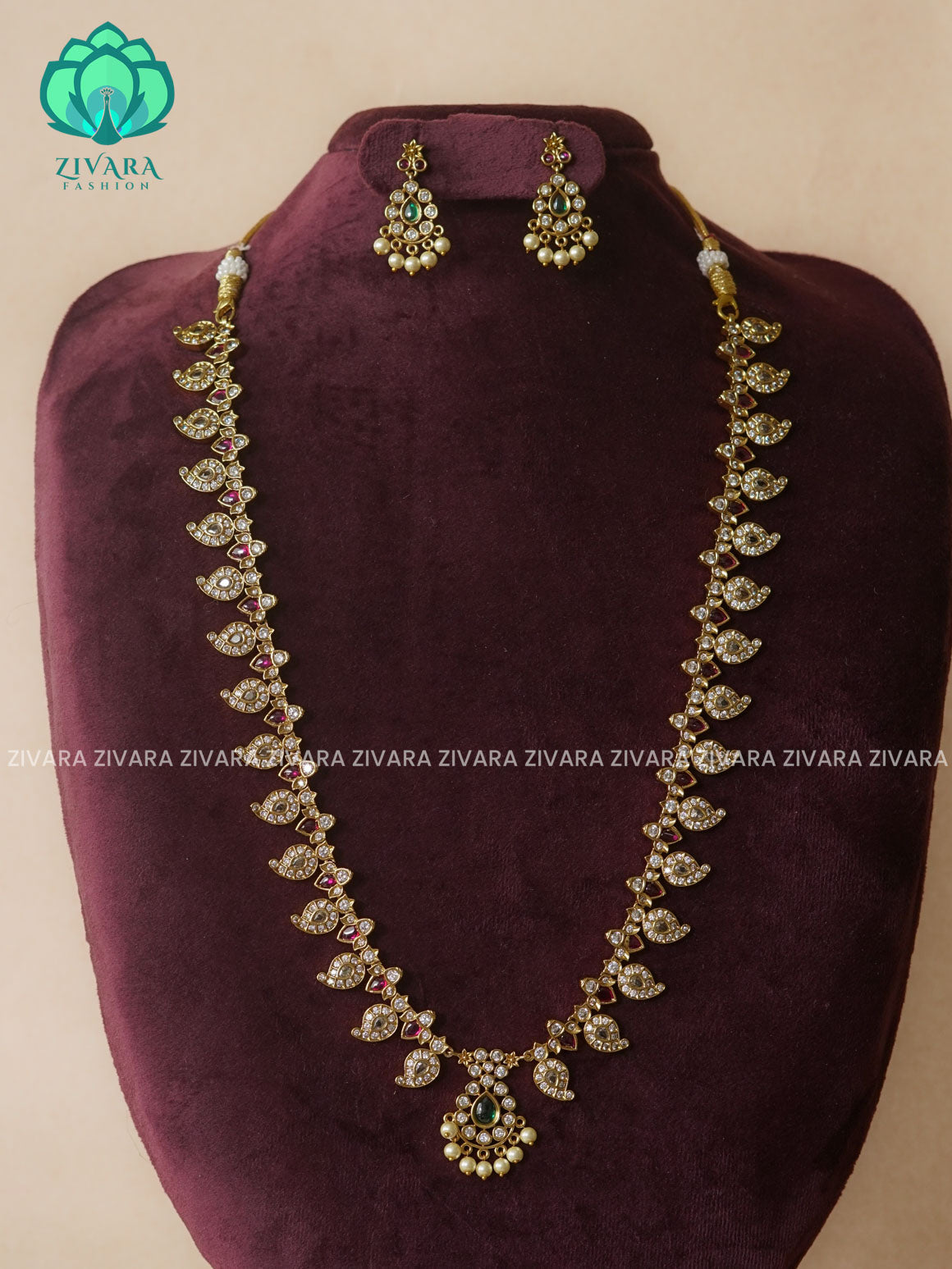 SIMPLE MANGO STONE BRIDAL  - Traditional PREMIUM MATTE polish MIDCHEST haaram/neckwear with earrings- Zivara Fashion