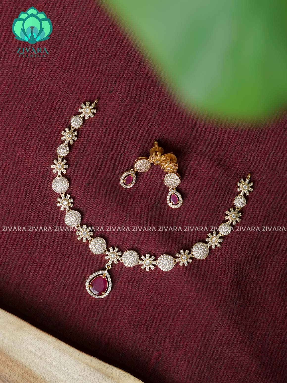 RUBY - TEAR PENDANT CIRCLE AND FLOWER STONE NECKWEAR - stylish and minimal elegant neckwear with earrings- Zivara Fashion