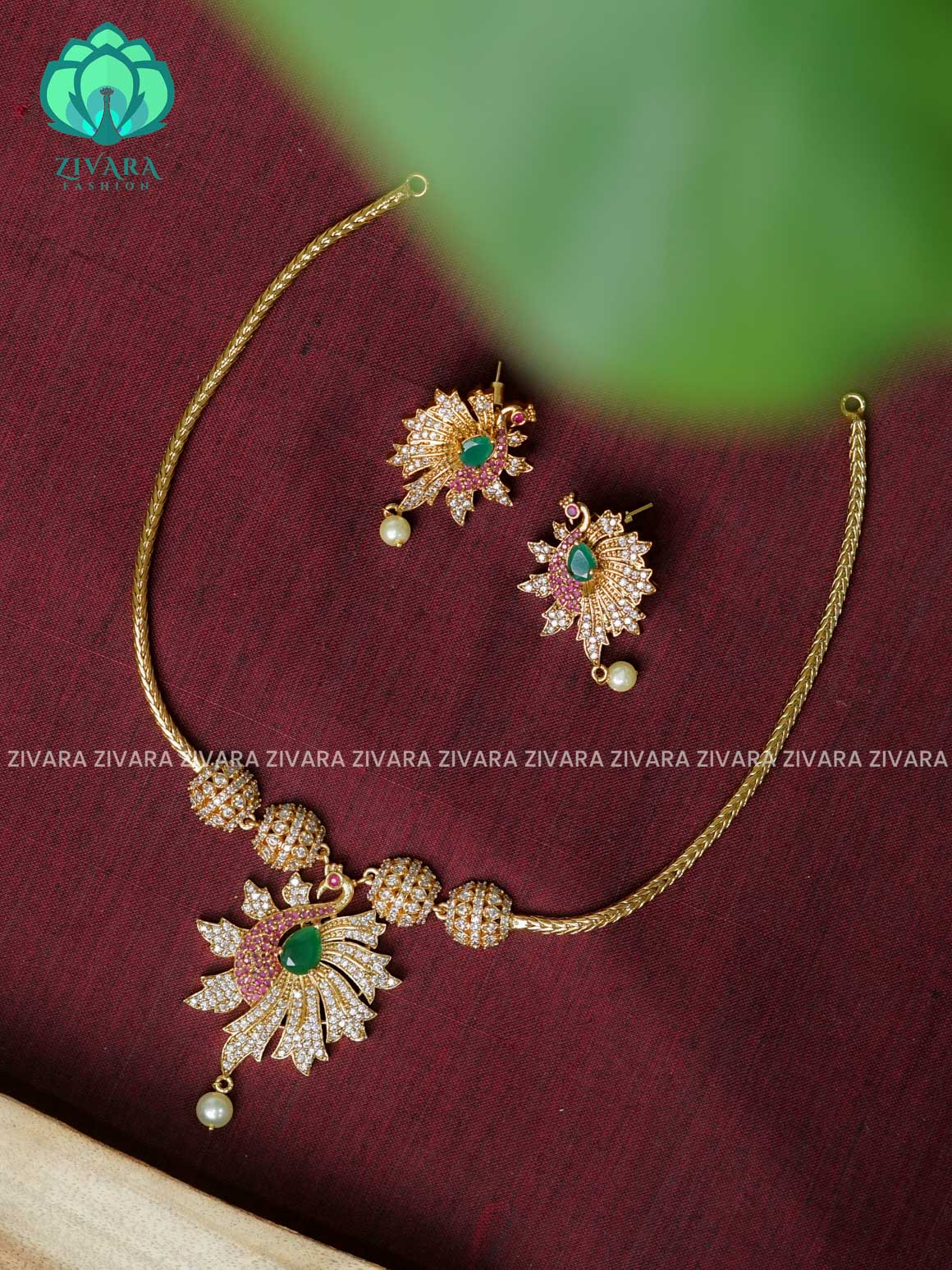 PEACOCK FLEXIBLE CHAIN -Traditional south indian NORMAL MATTE neckwear with earrings- Zivara Fashion- latest jewellery design.