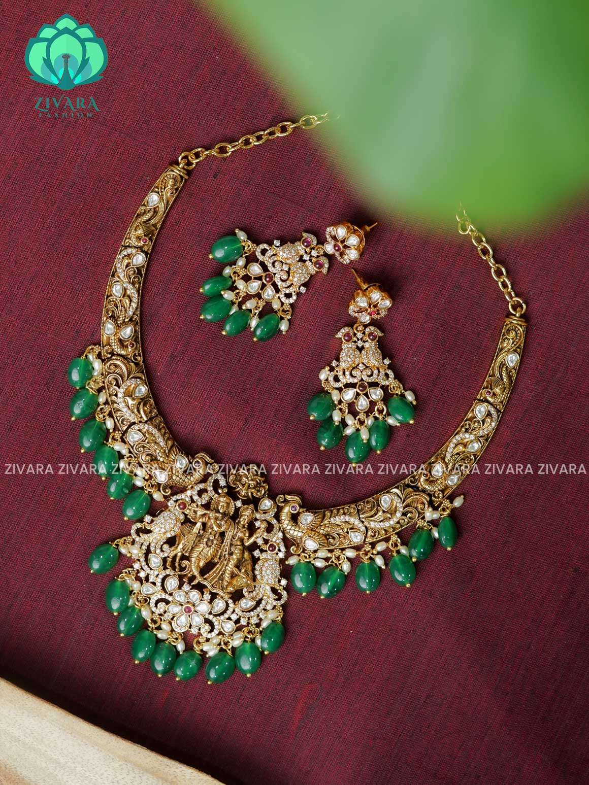 3D RADHE KRISHNA VINTAGE ANTIQUE HASLI-Traditional south indian premium neckwear with earrings- Zivara Fashion- latest jewellery design.