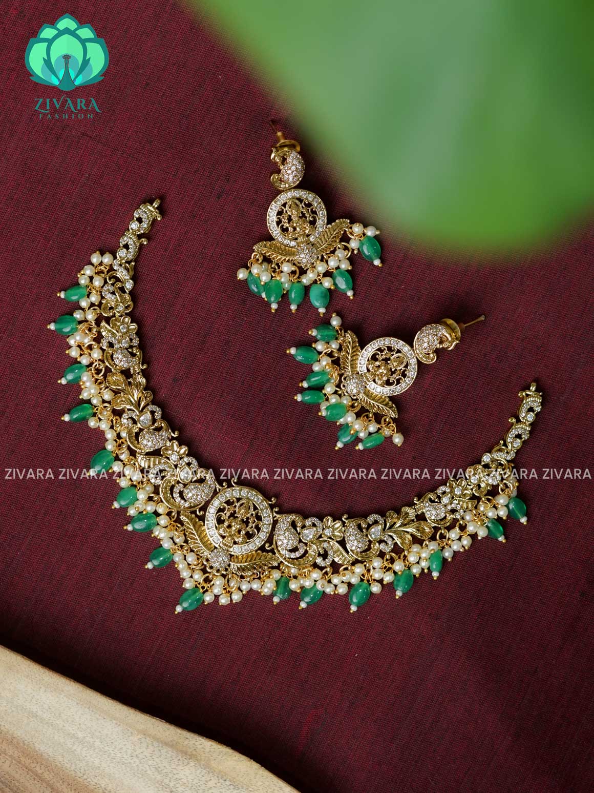 GREEN- Bridal temple -Traditional south indian premium neckwear with earrings- Zivara Fashion- latest jewellery design.