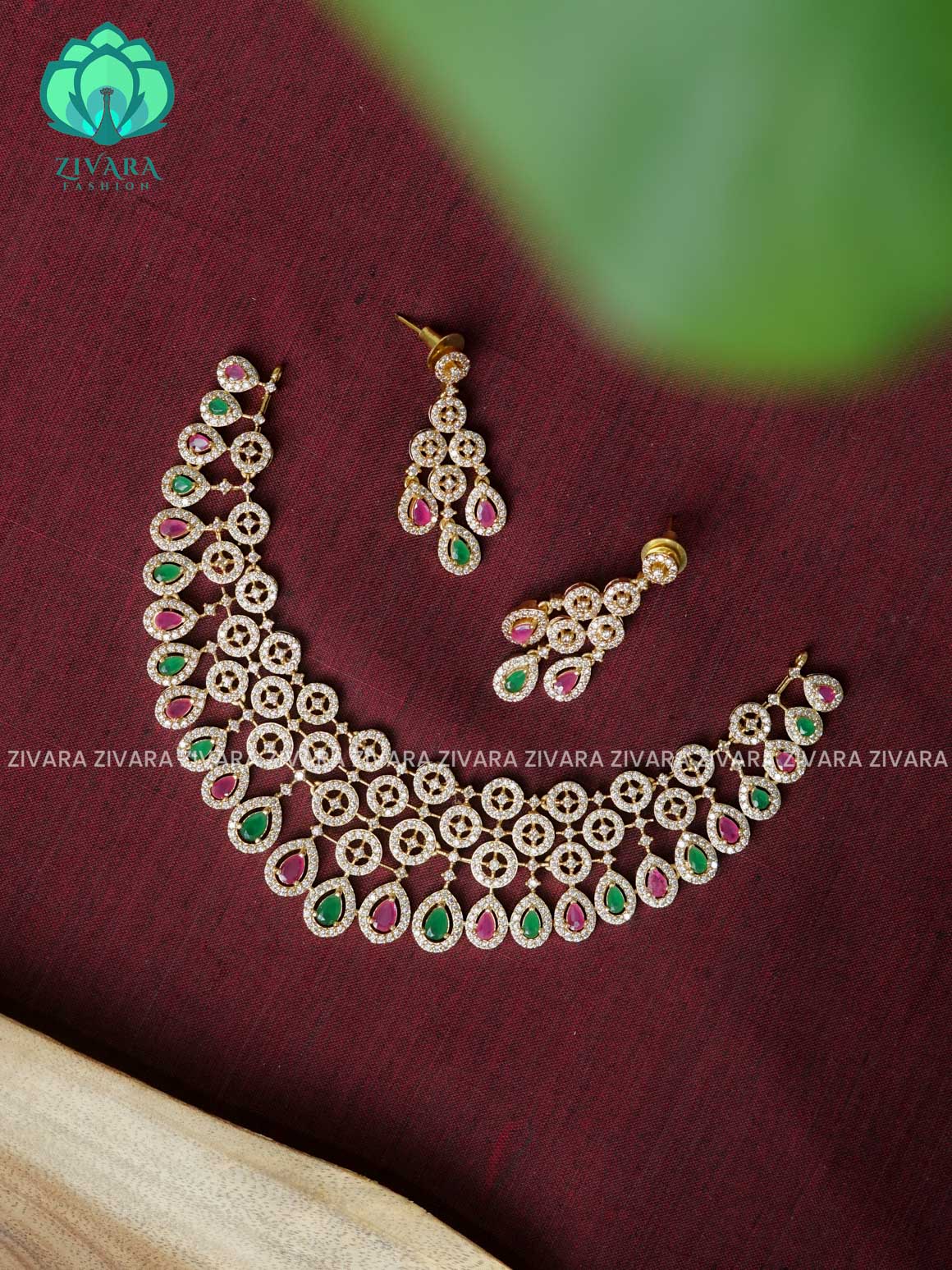 RUBY AND GREEN AD BRIDAL STONE NECKWEAR - stylish and minimal elegant neckwear with earrings- Zivara Fashion