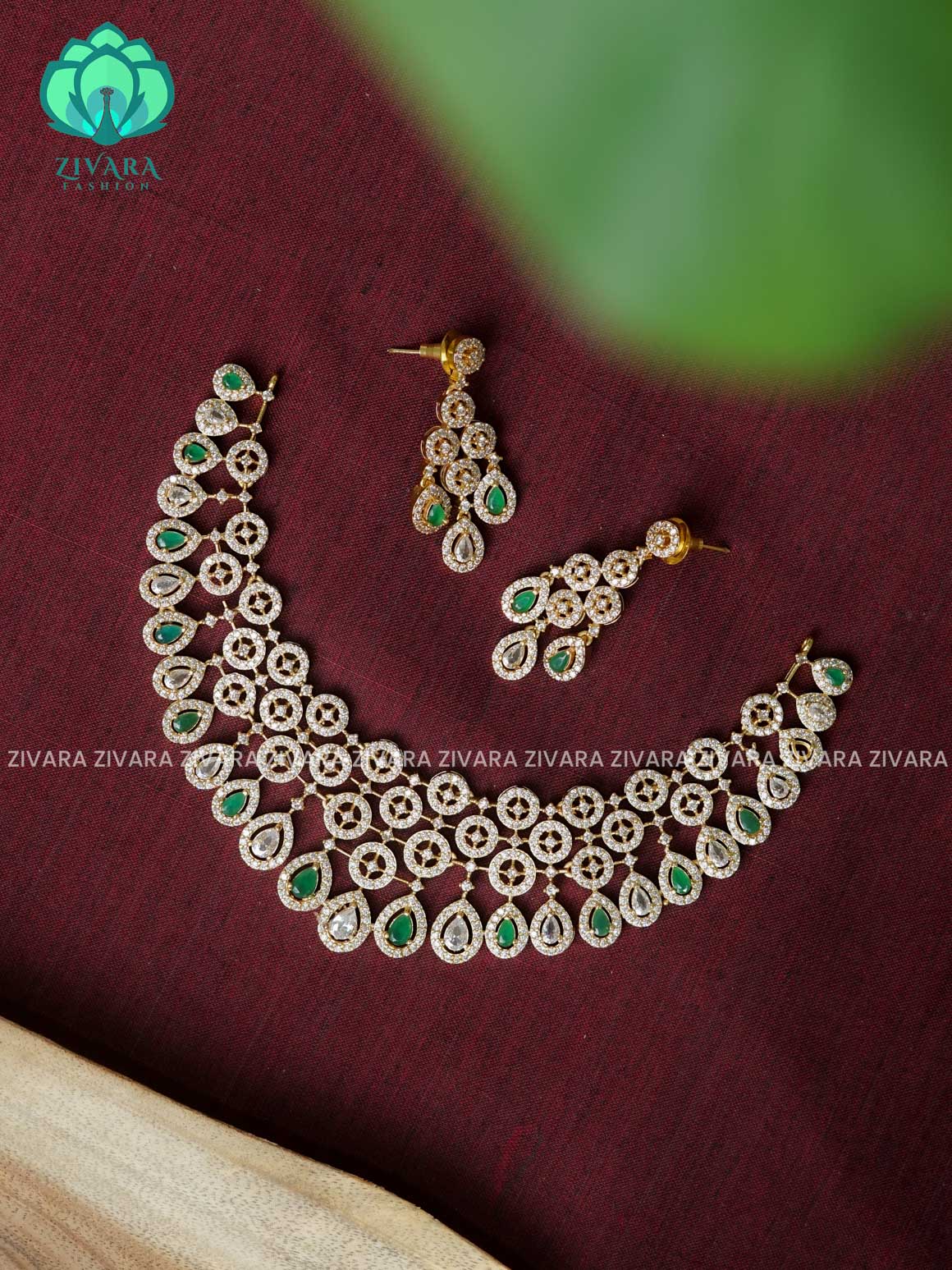 GREEN AD BRIDAL STONE NECKWEAR - stylish and minimal elegant neckwear with earrings- Zivara Fashion