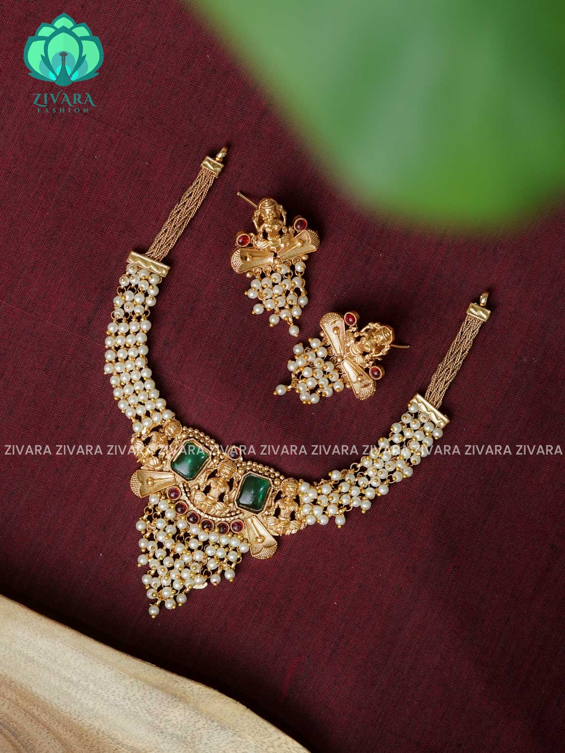 TEMPLE PEARL CLUSTER -Traditional south indian NORMAL MATTE neckwear with earrings- Zivara Fashion- latest jewellery design.