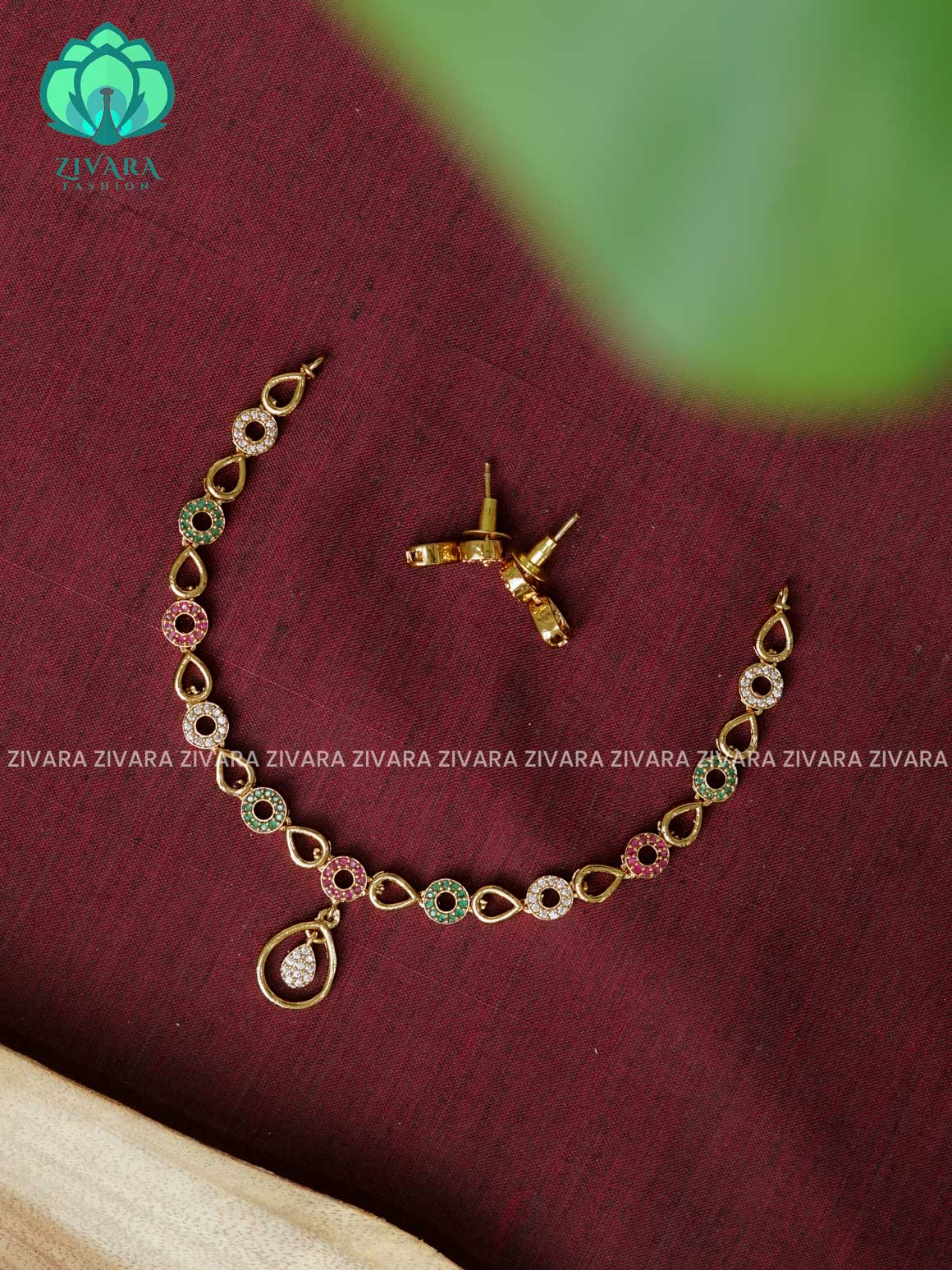 RUBY GREEN WHITE SMALL SIZE TEAR AND CURVY MOTIF - stylish and minimal elegant neckwear with earrings- Zivara Fashion