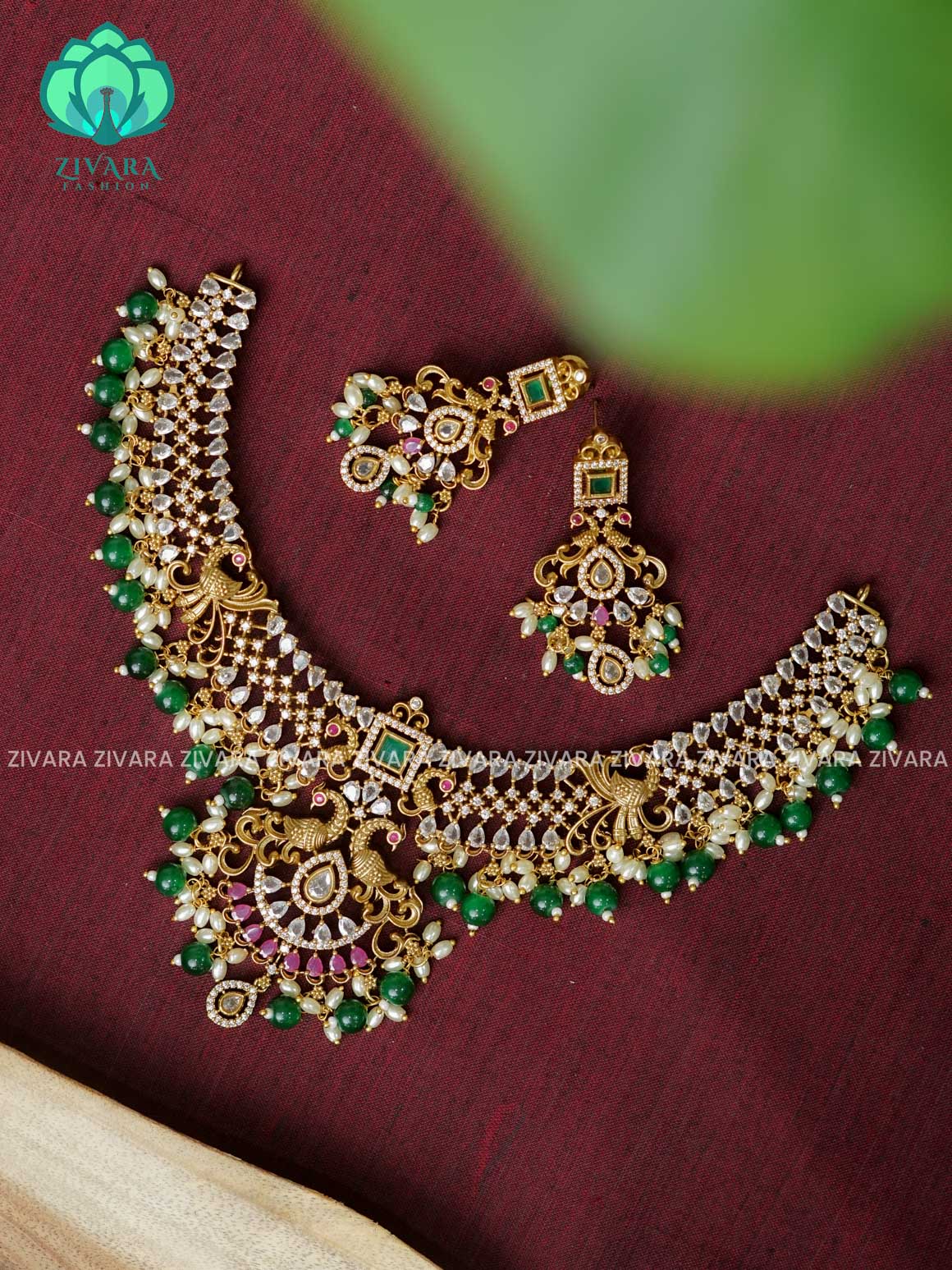 GREEN BEADS STONE TEMPLE BRIDAL -Traditional south indian premium neckwear with earrings- Zivara Fashion- latest jewellery design.