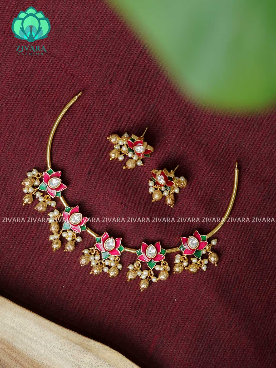 ENAMEL LOTUS  -Traditional south indian premium neckwear with earrings- Zivara Fashion- latest jewellery design