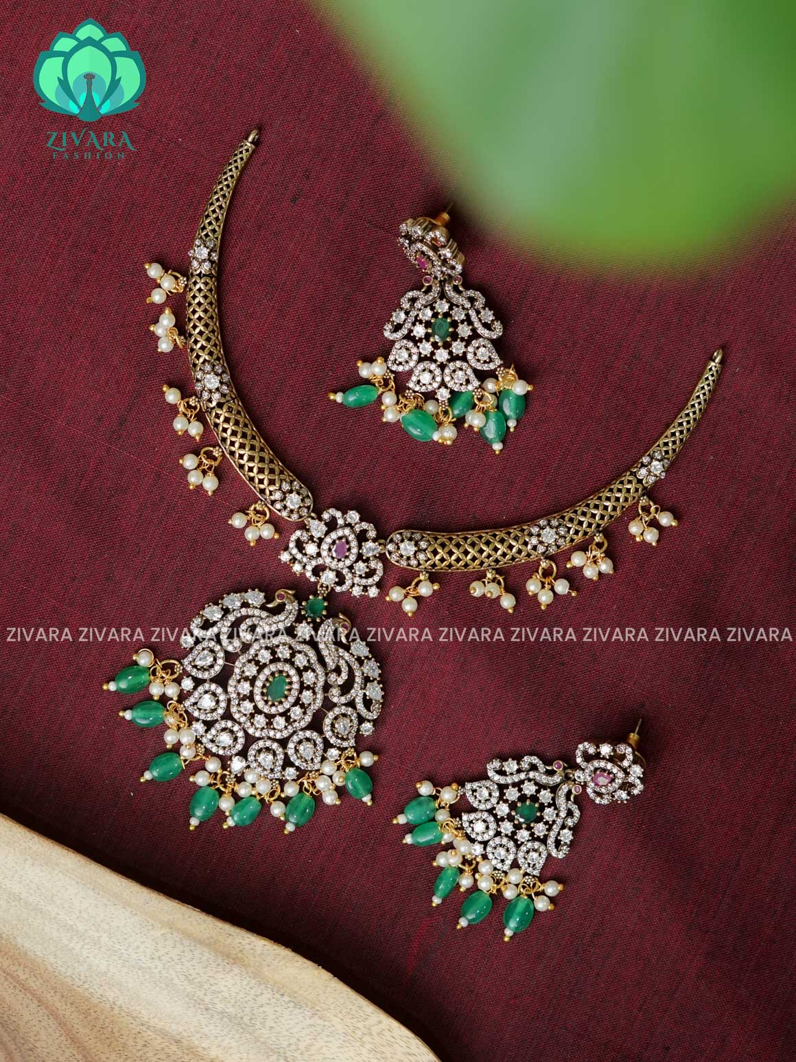 RUBY GREEN- HASLI -Traditional south indian premium neckwear with earrings- Zivara Fashion- latest jewellery design