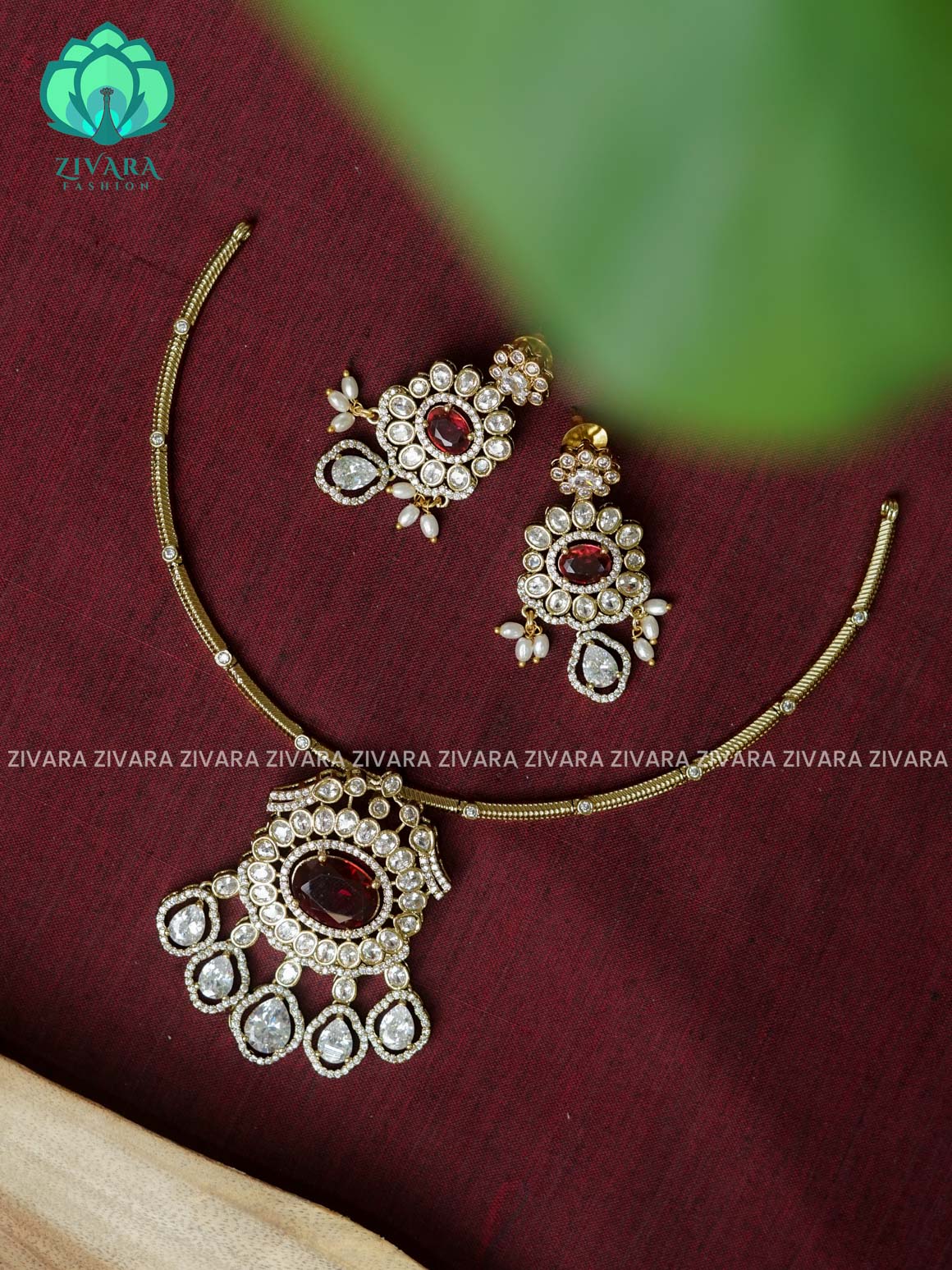 RUBY- HANGING STONE BRIGHT HASLI - Ultra premium victoria finish polish trending neckwear collection- bridal collection- Zivara Fashion