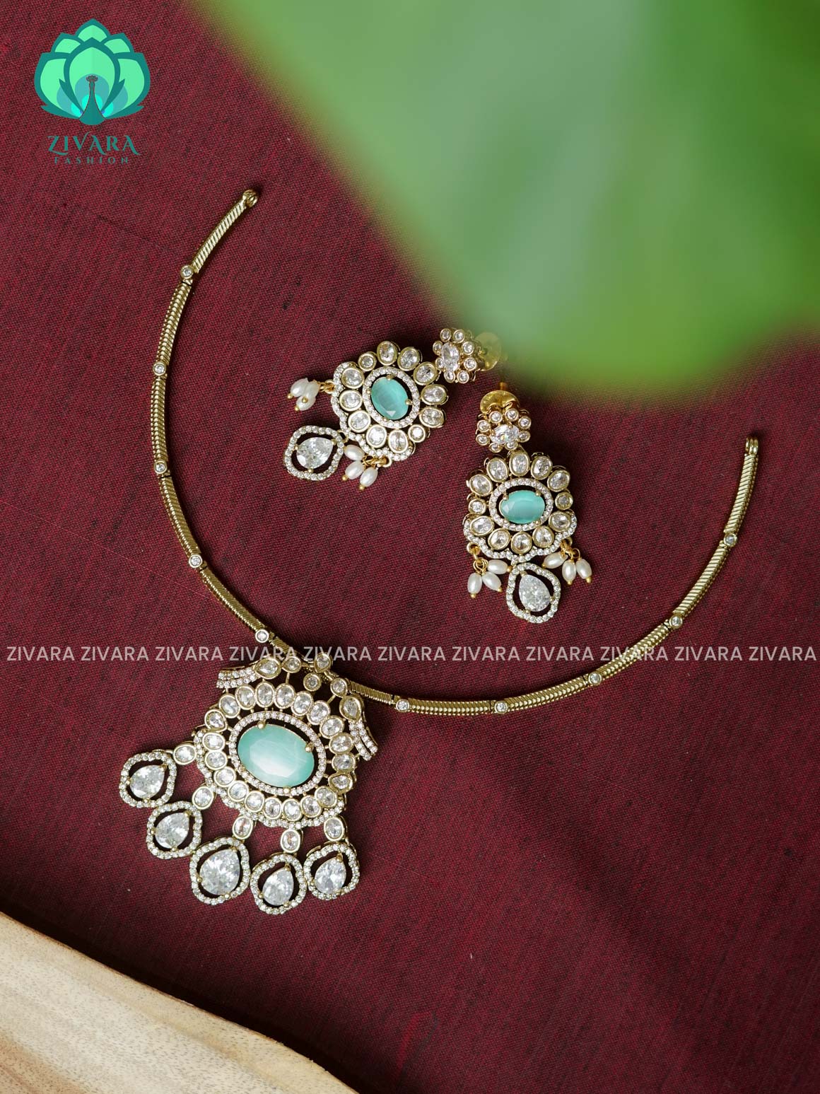 PASTEL GREEN - HANGING STONE BRIGHT HASLI - Ultra premium victoria finish polish trending neckwear collection- bridal collection- Zivara Fashion