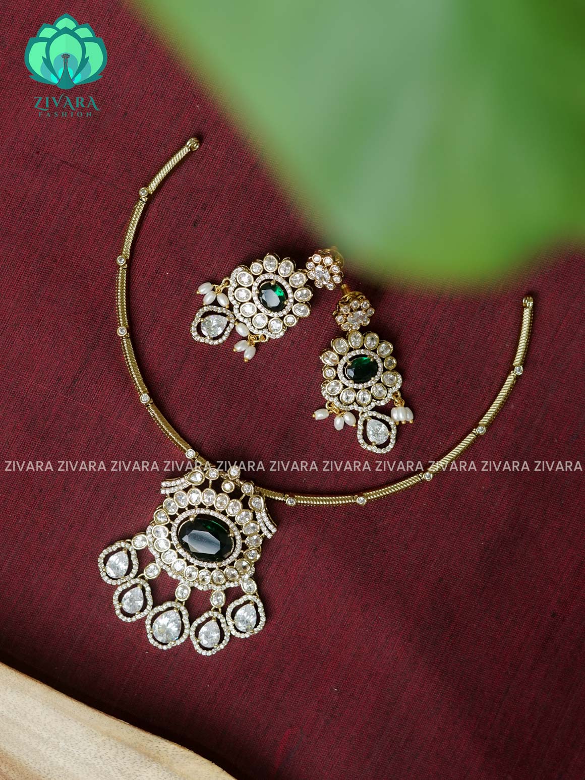 GREEN- HANGING STONE BRIGHT HASLI - Ultra premium victoria finish polish trending neckwear collection- bridal collection- Zivara Fashion