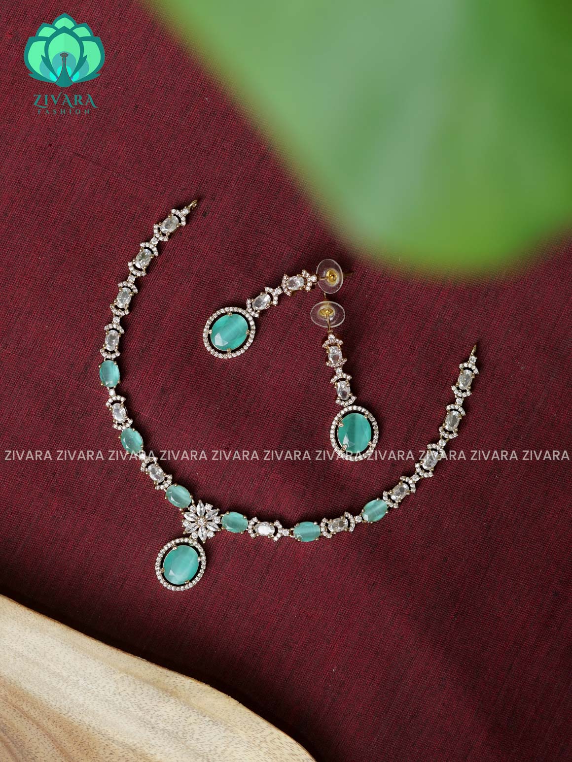 PASTEL GREEN - stone OVAL pendant  stylish and minimal elegant neckwear with earrings- Zivara Fashion