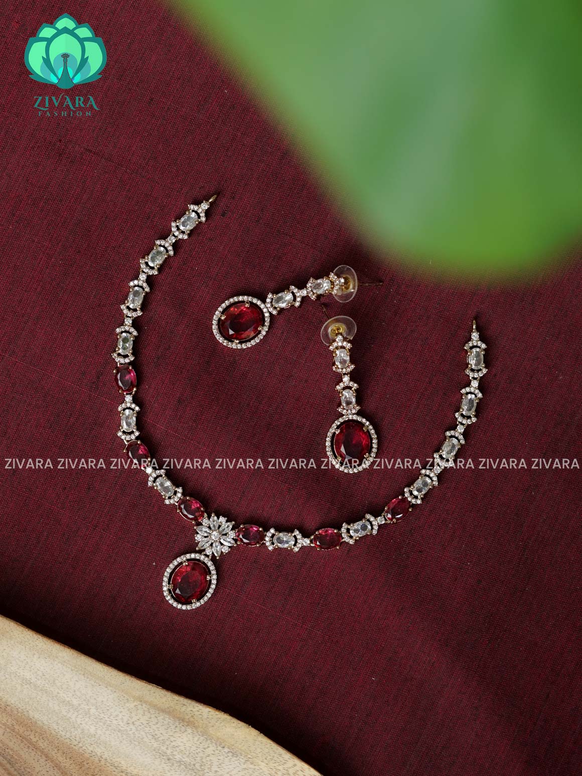 RUBY - stone OVAL pendant  stylish and minimal elegant neckwear with earrings- Zivara Fashion