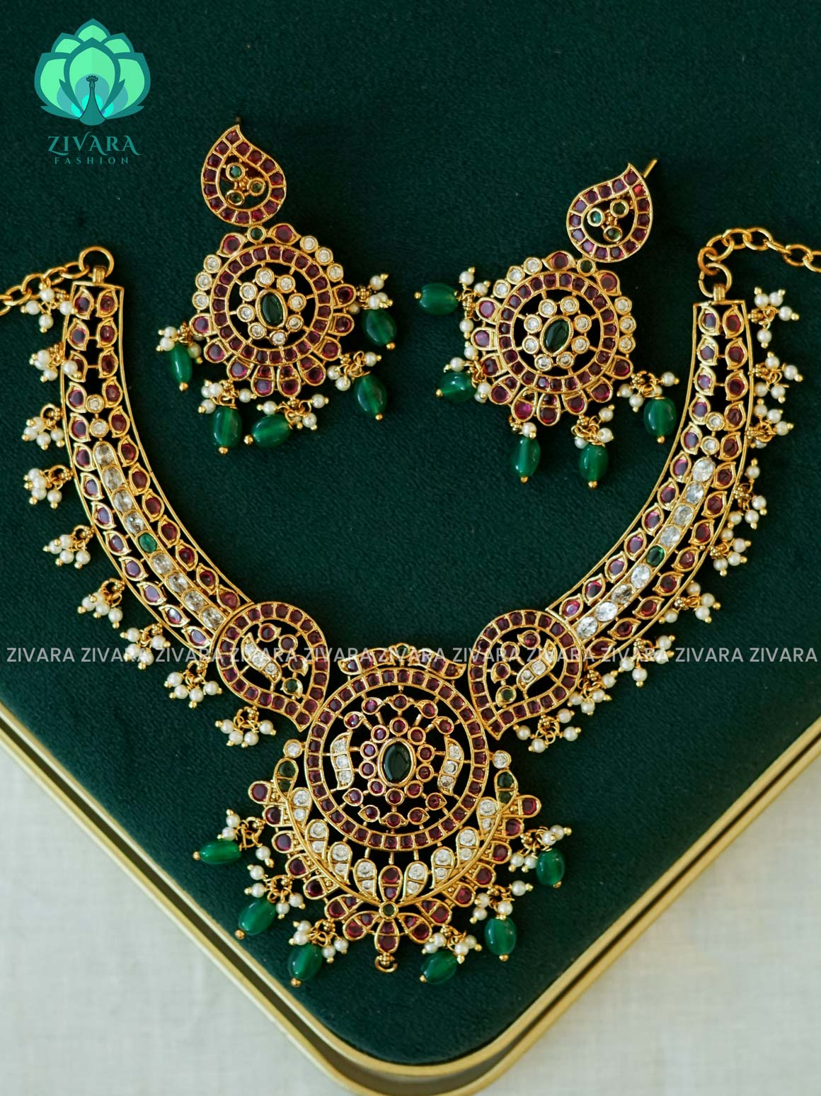 REAL KEMP MOTIF FREE NECKWEAR WITH BEADS HANGINGS - Traditional south indian premium neckwear with earrings- Zivara Fashion- latest jewellery design