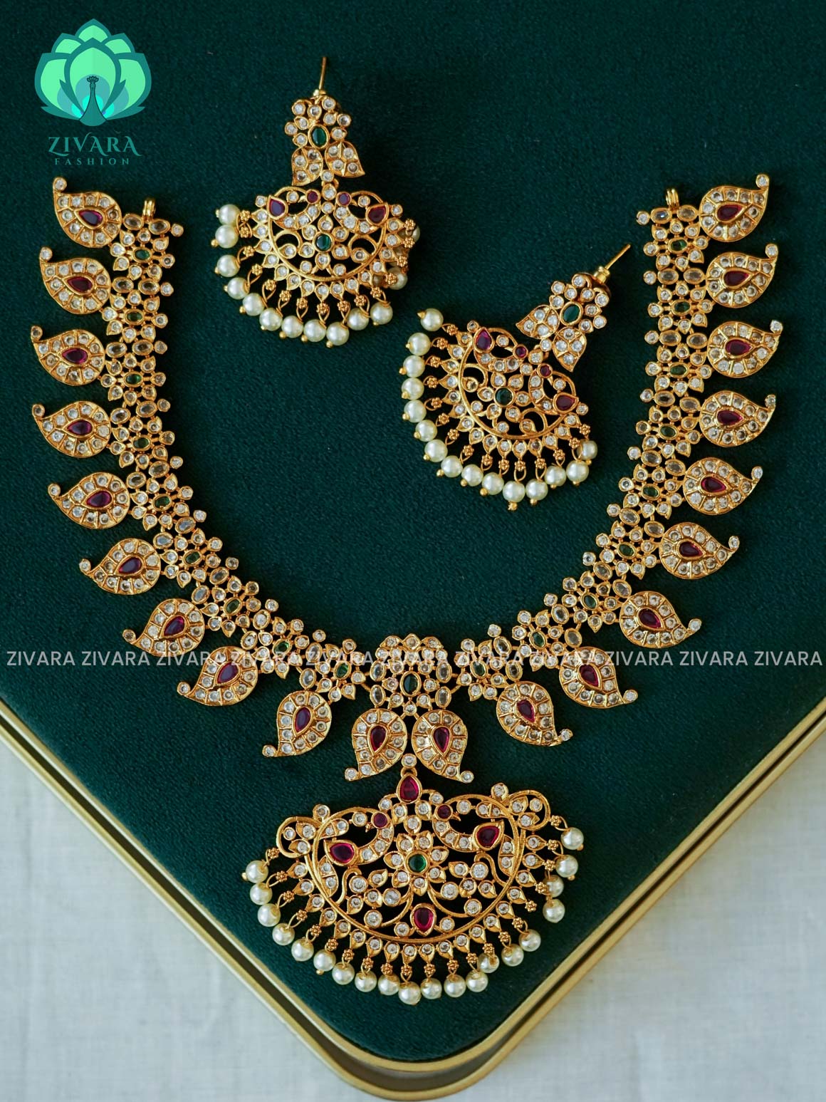 AKSHAYAM - MANGA PEACOCK WITH  WHITE  BEADS HANGINGS - Traditional south indian premium neckwear with earrings- Zivara Fashion- latest jewellery design