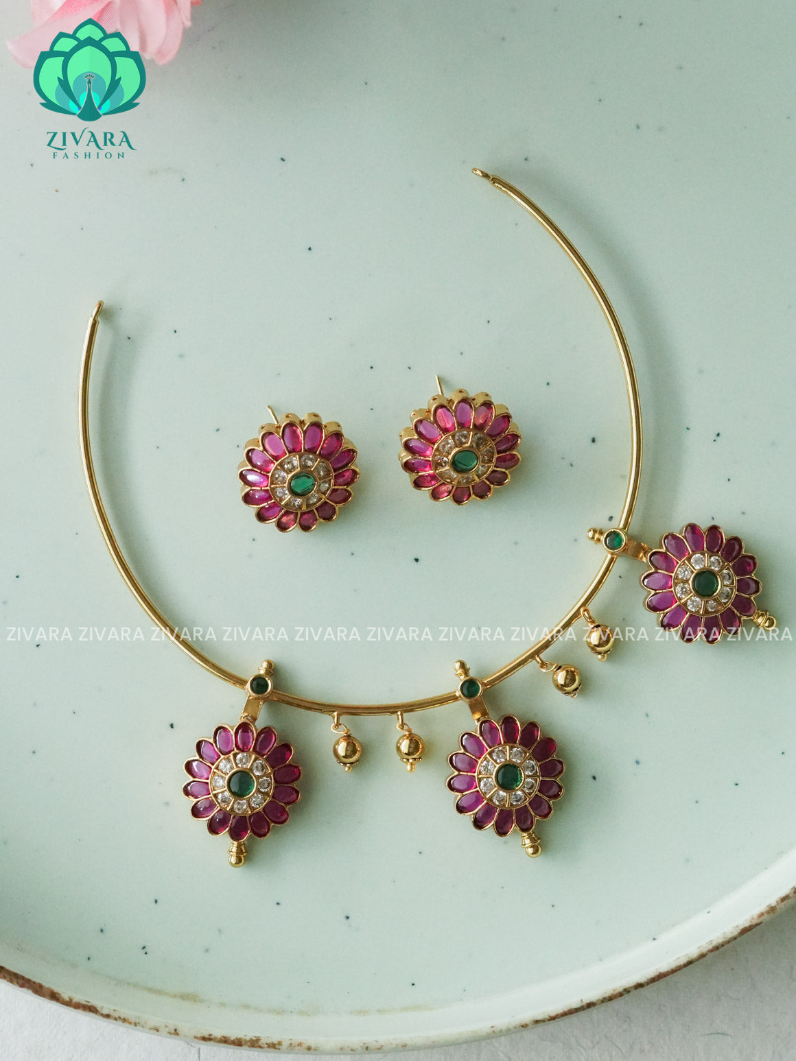 REAL KEMP FLORAL HASLI -Traditional south indian premium neckwear with earrings- Zivara Fashion- latest jewellery design