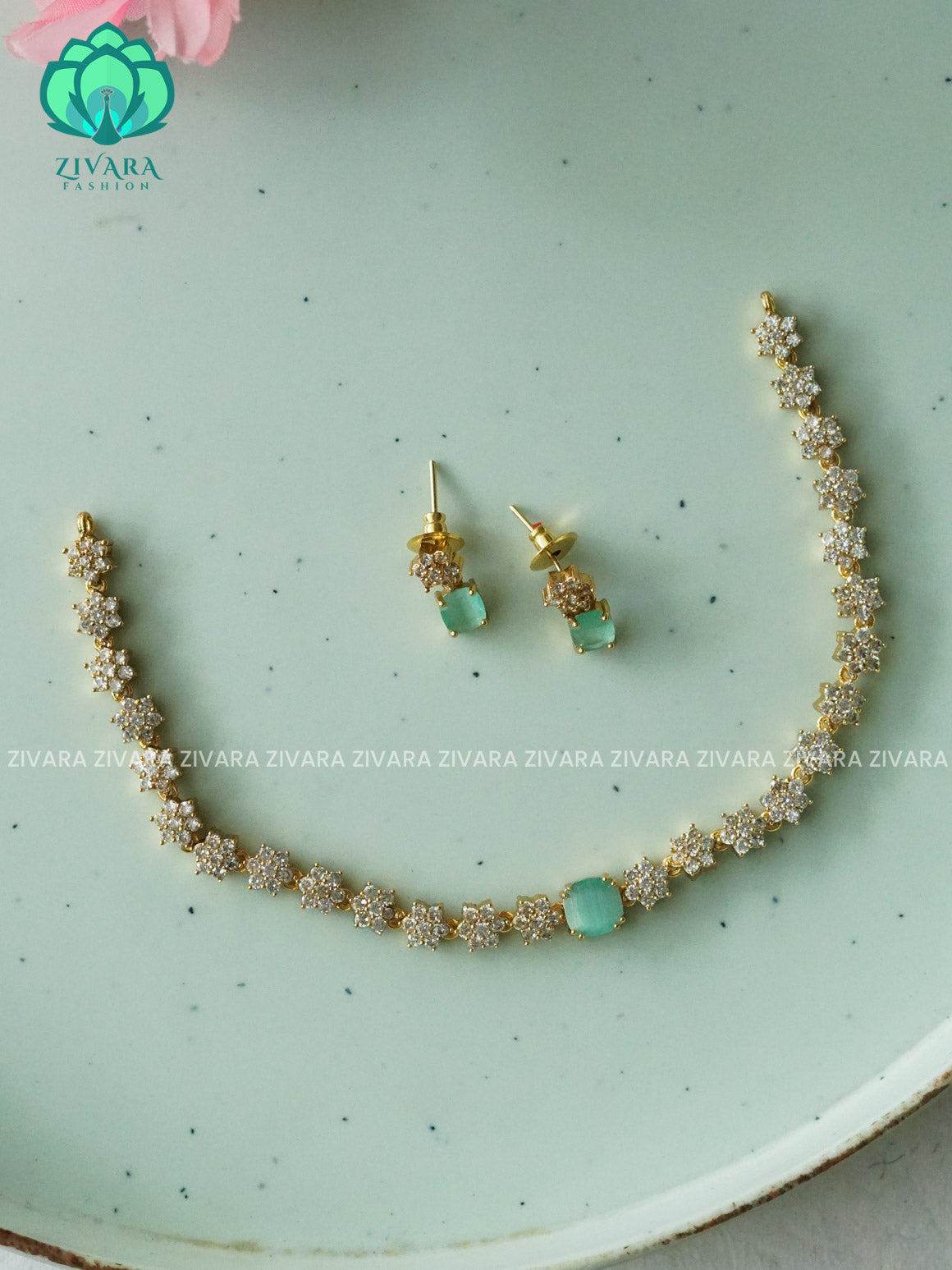 PASTEL GREEN-  STAR MOTIF FREE  -PREMIUM SUBTLE GOLD FINISH  stylish and minimal elegant neckwear with earrings- Zivara Fashion